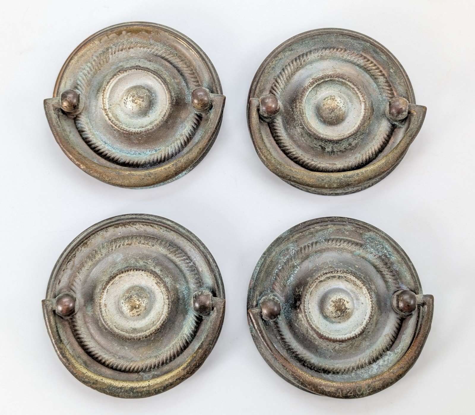 Set of 4 Antique Brass Ring Drawer Pulls A202 Colonial Revival Roping 1.75″