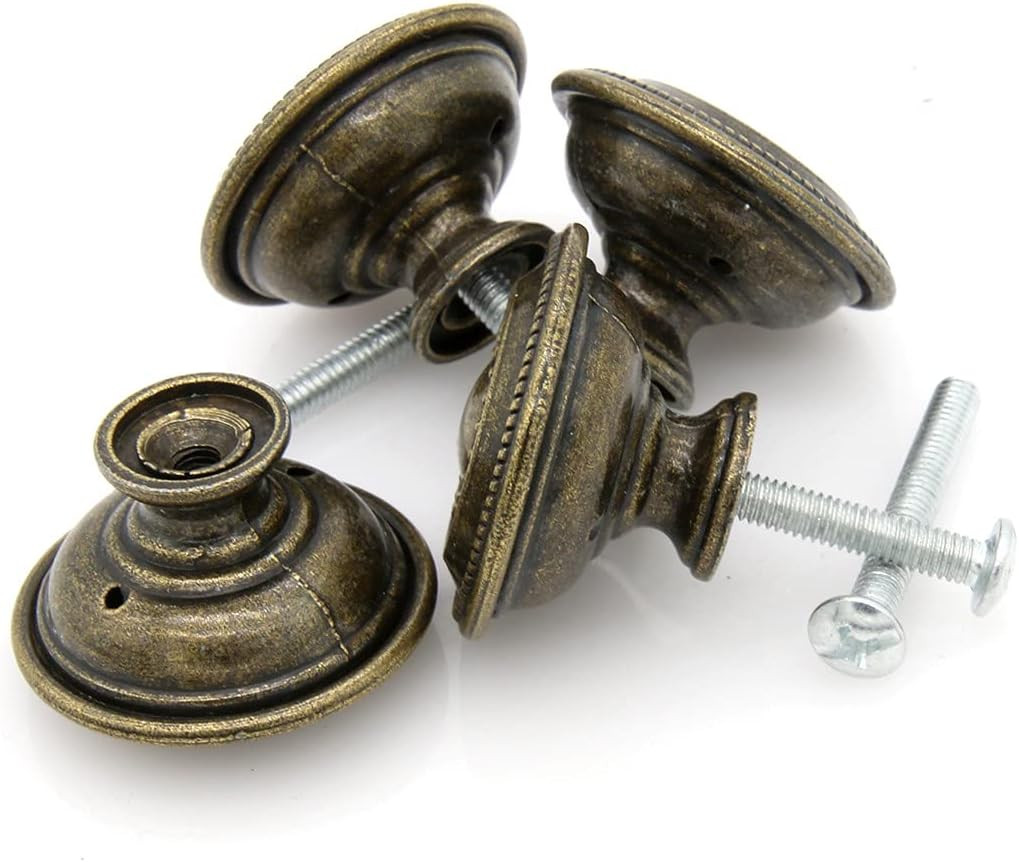 6 Pcs Vintage Antique Brass Knobs Handles – Cabinet Drawer Knob Pulls with Embos