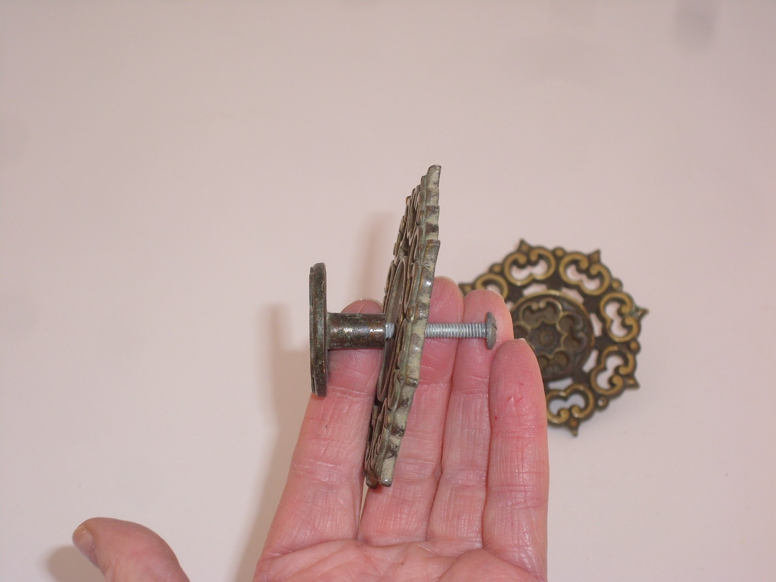 Pair of Vintage Antique Gold Amerock Cabinet Drawer Pulls, Back Plate & Knob