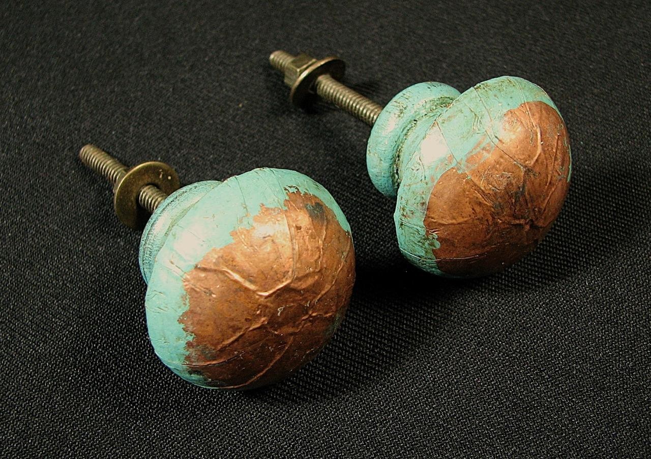 2 Antique Vintage Wood Copper Skin Green Distressed Drawer Pulls Handles Knobs