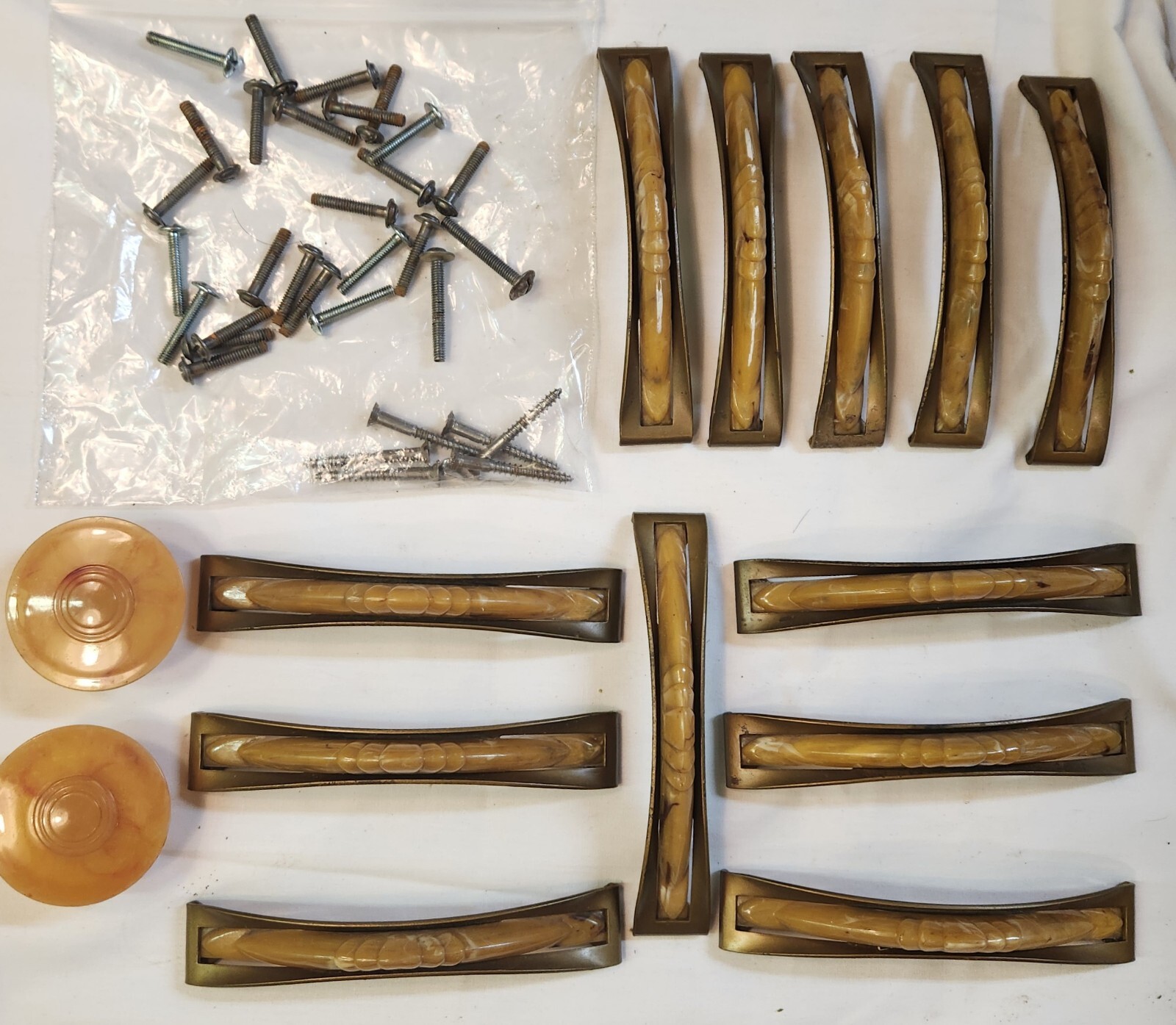 12 Antique Brass Drawer Center Pulls Bakelite & 2 Art Deco Circle Handles Screws
