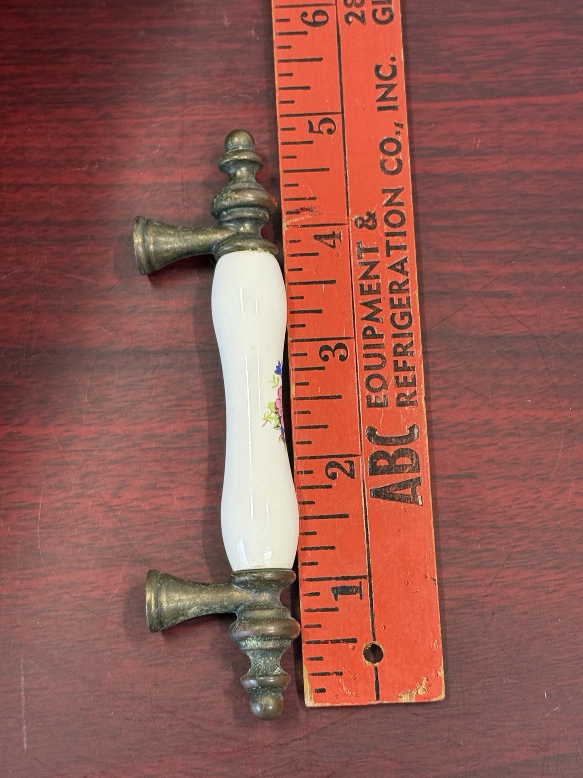 Drawer Pull Handle 1960s Floral on Beige Porcelain w Brass Ends 3″ Centers 2ea