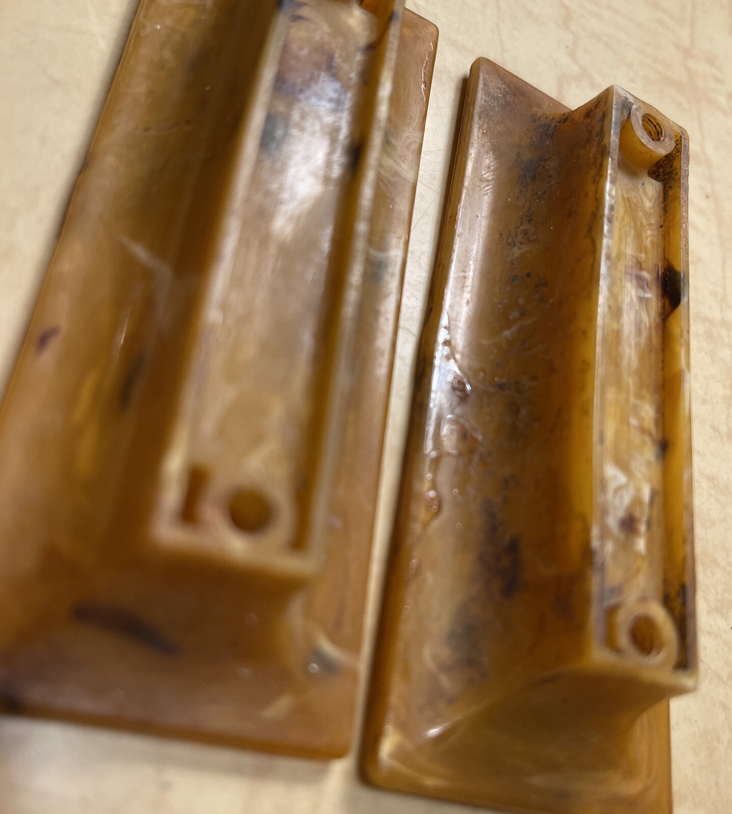 Vintage Celluloid Amber Marbled Drawer Handles Brown White Streaked Rectangular