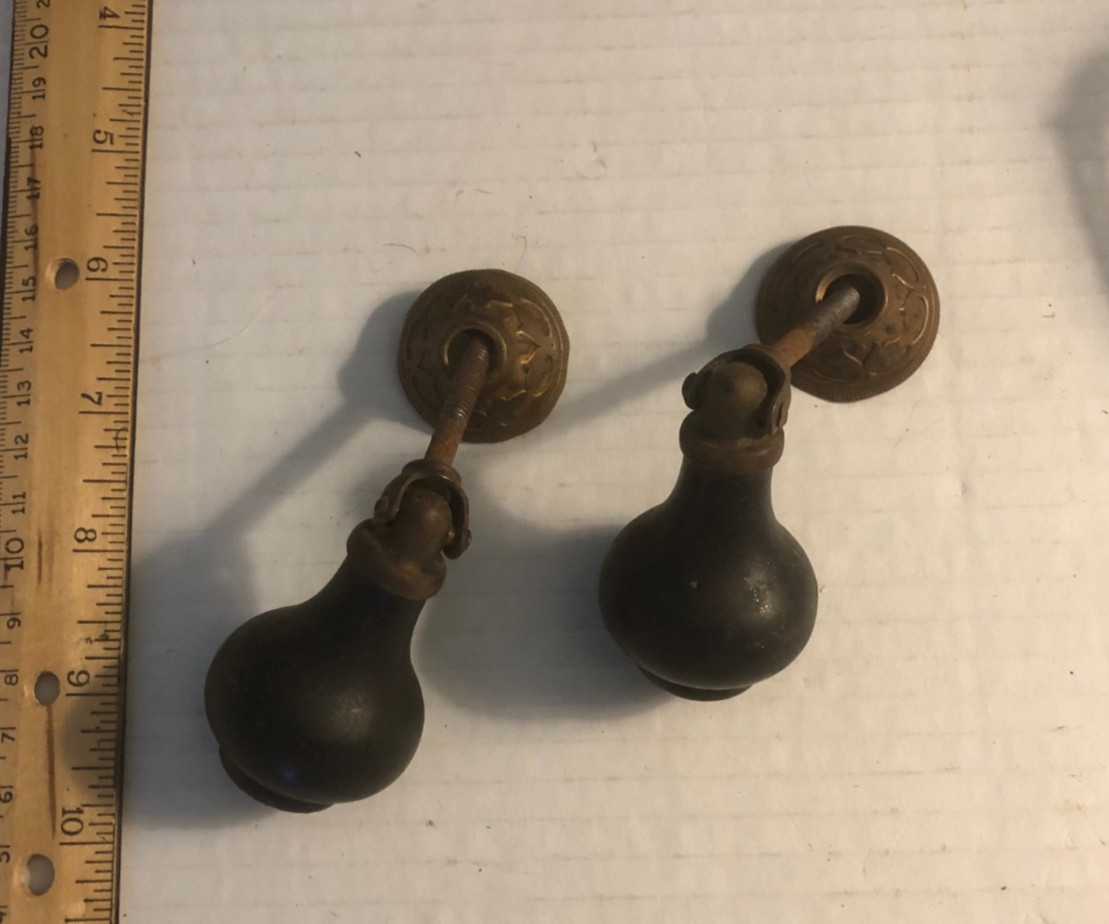 2 Antique? Victorian Brass & Black Ebony Wood Tear Drop Drawer Pulls Hardware