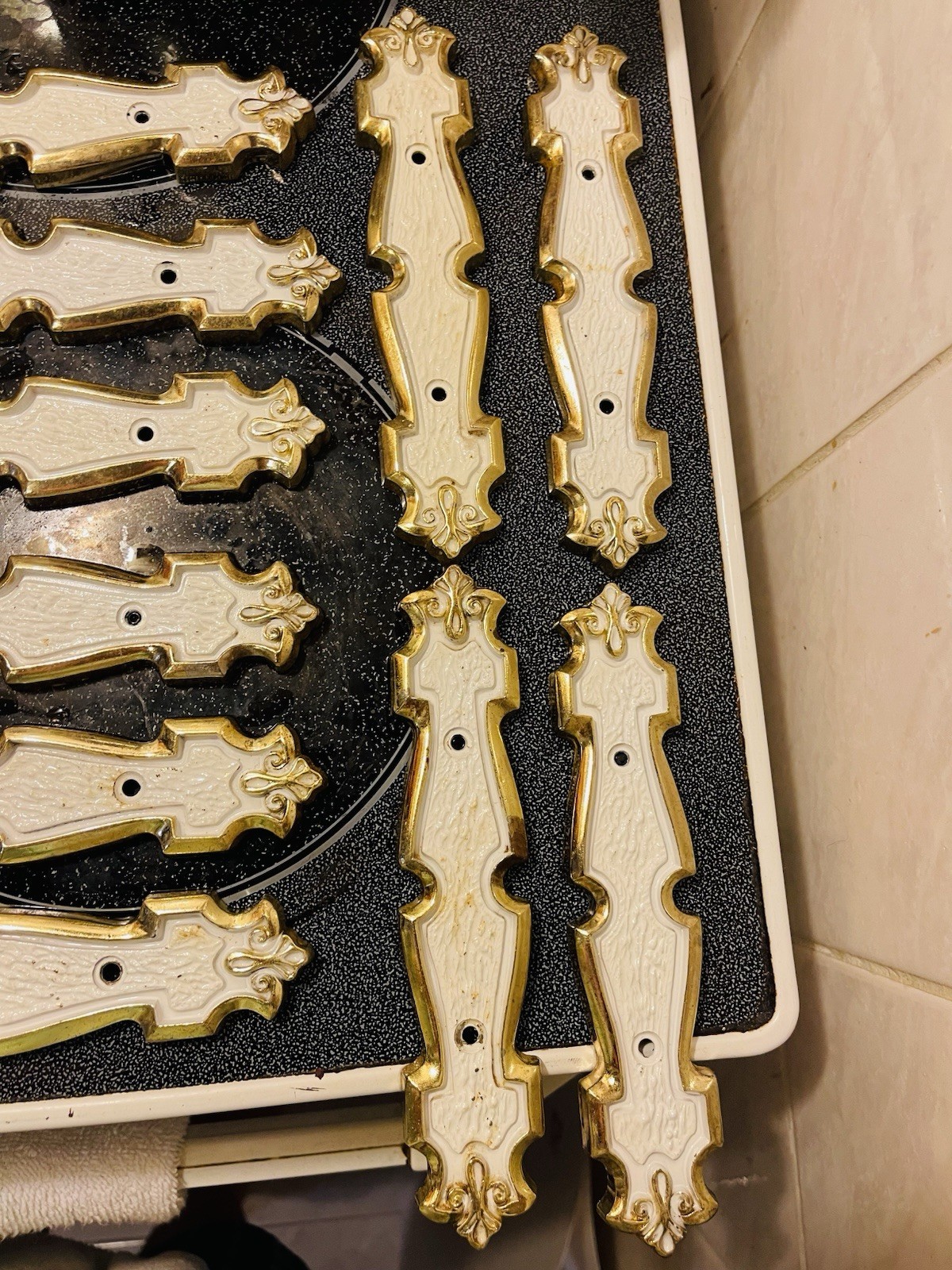 22 VTG MCM Drawer or Cabinet Handle Pulls Plates Gold White Geometric Modern