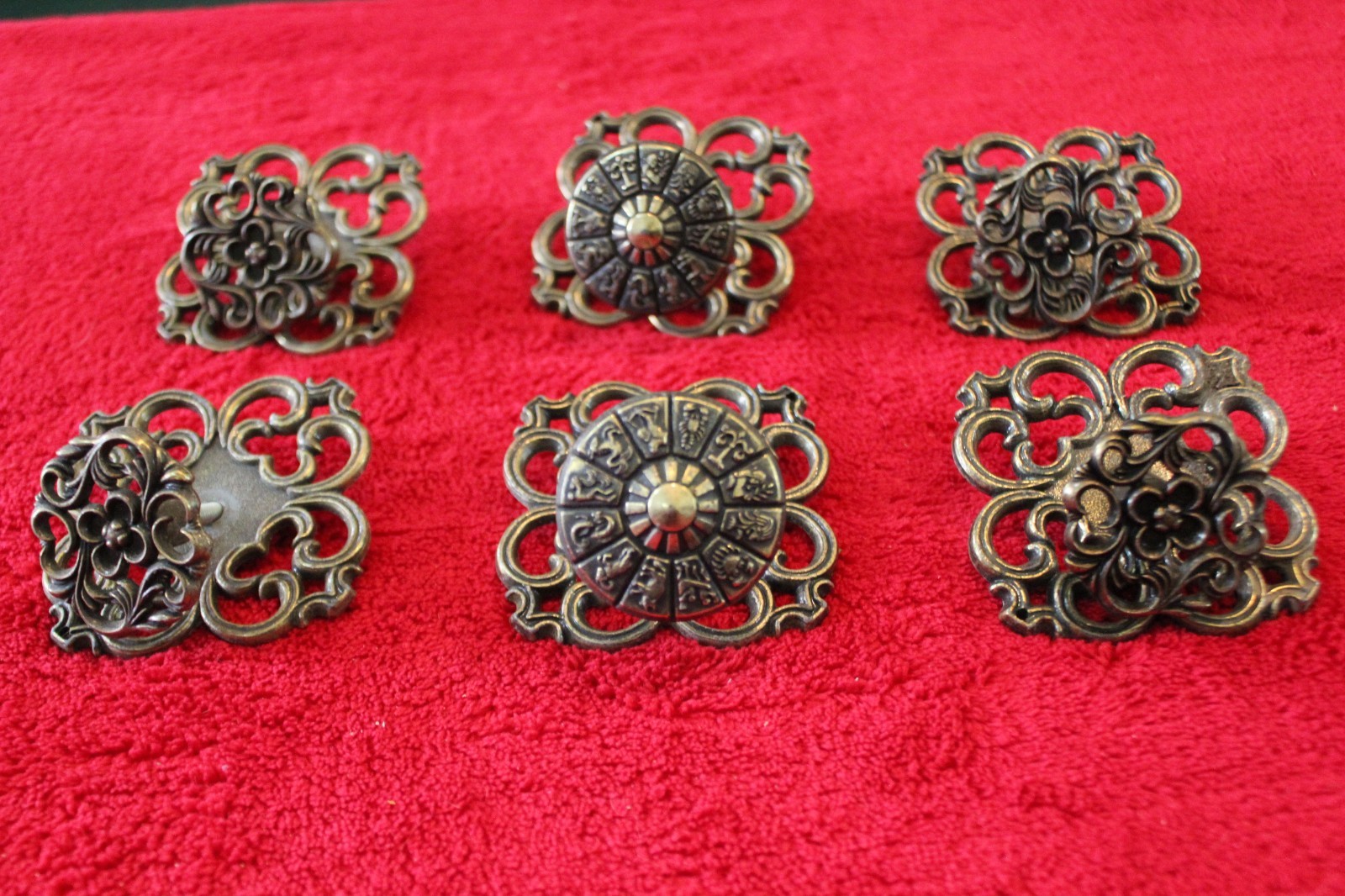 Six Mid Century Ajax Drawer Pulls and Back Plates Two are Zodiak Pulls