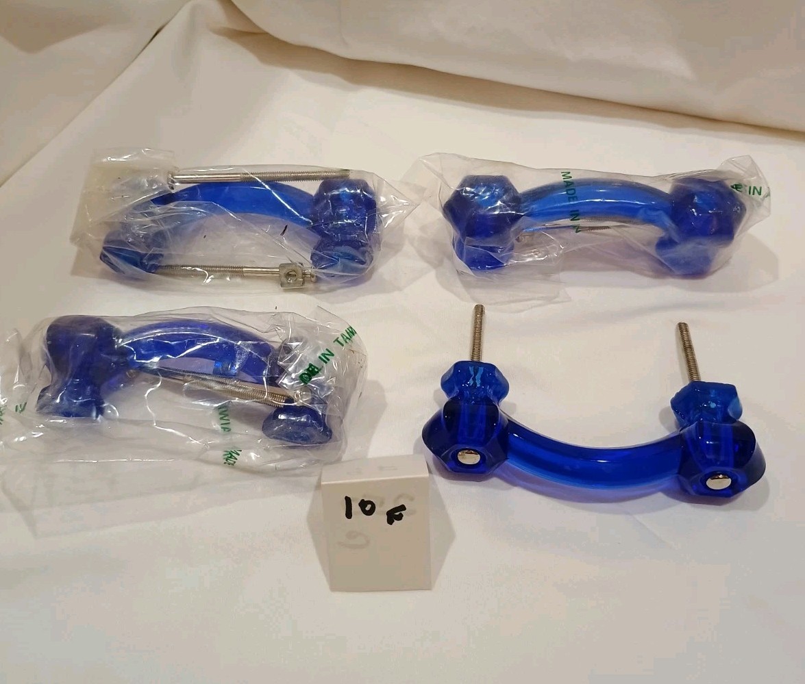 Set of 4 Cobalt Blue Vintage Glass Drawer Pulls 3” On Center