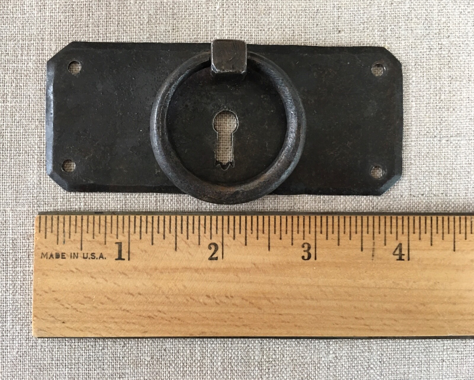Vintage French Drawer Metal Hardware Drop Ring Pull Keyhole Cover Plate Salvage