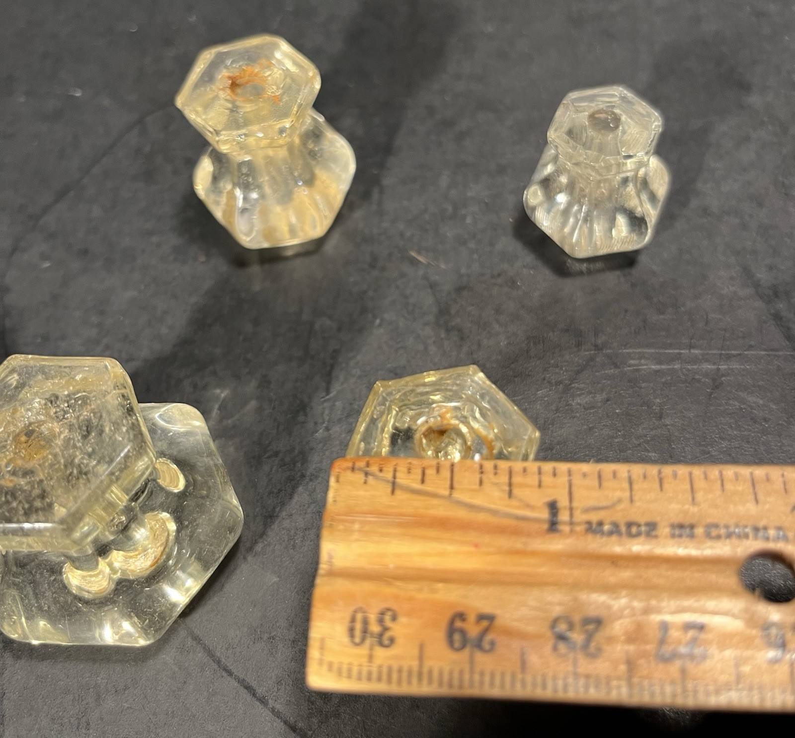 5 Vintage Hexagon Glass Drawer Knob Pulls Two Pairs & One Single