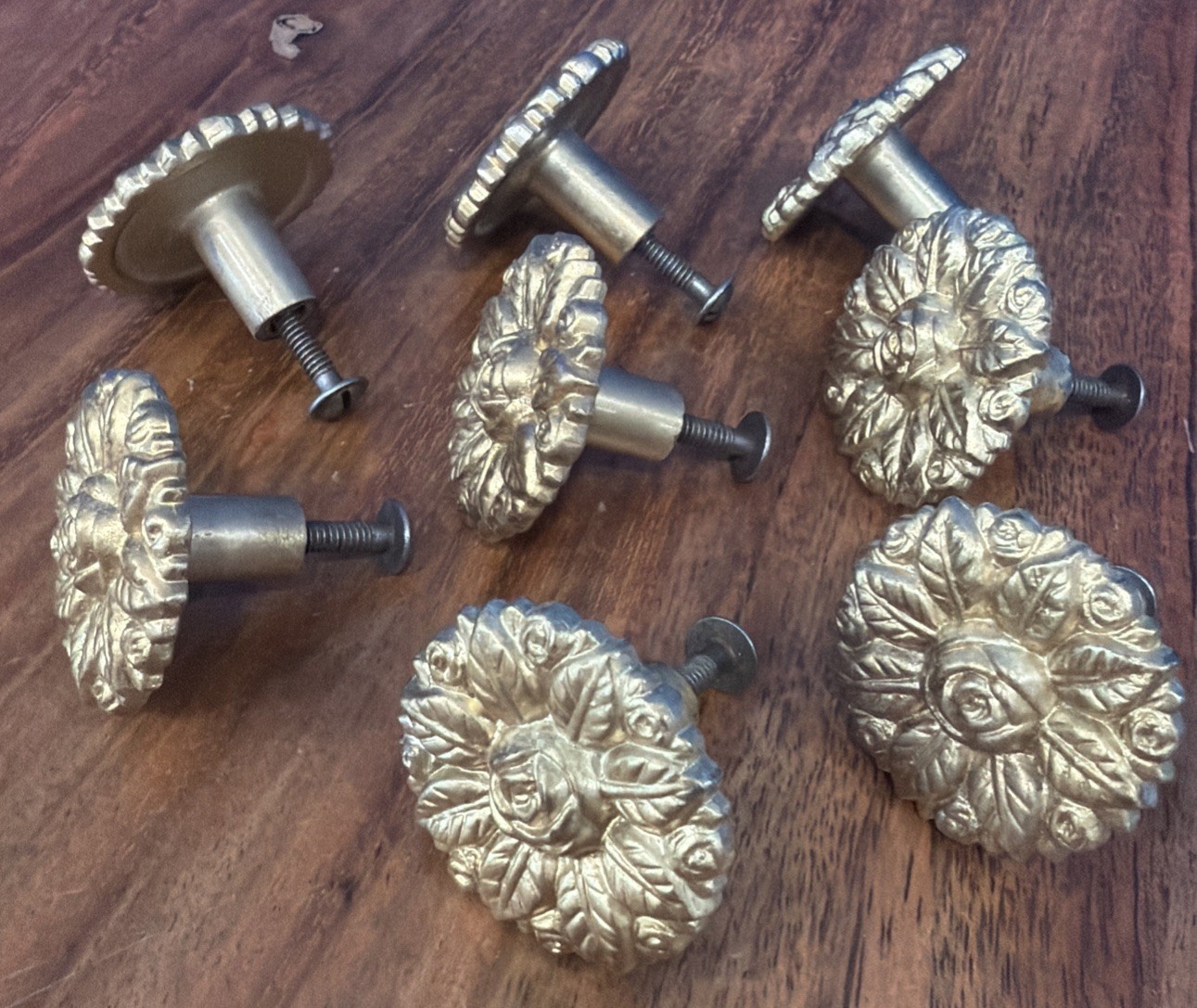 Set of 8 Vtg Gold Non Magnetic Metal Drawer Knobs Ornate Floral Rose 1 1/2”
