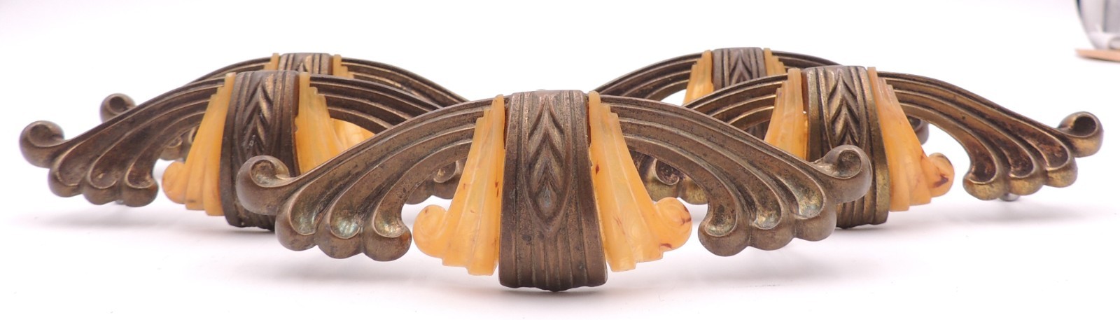 5 Art Deco Drawer Pull w/ Bakelite Vintage Knob Brasstone Waterfall Handle Set