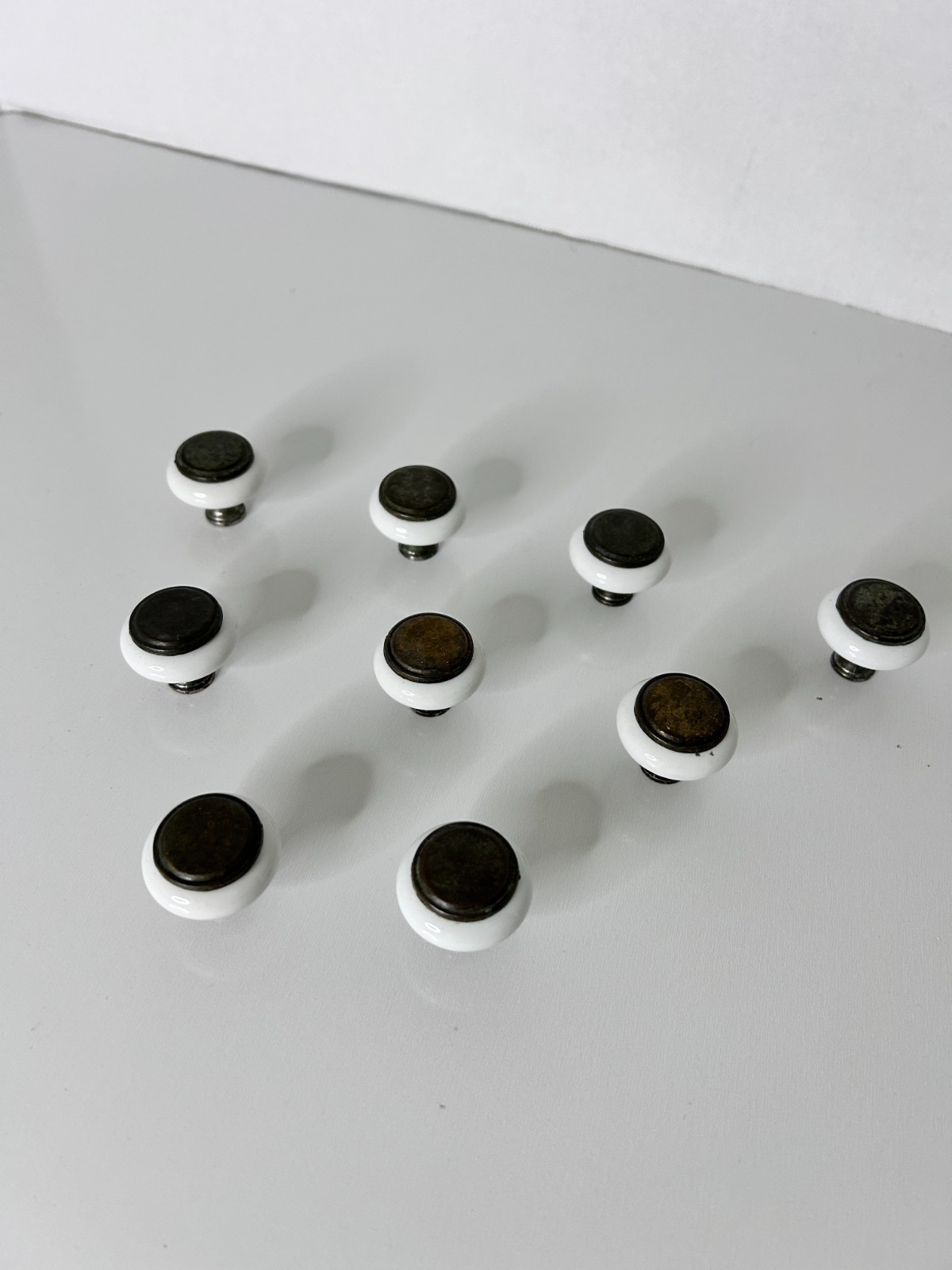 9 Vintage Mushroom White Porcelain Brass Drawer Cabinet Pulls Knobs