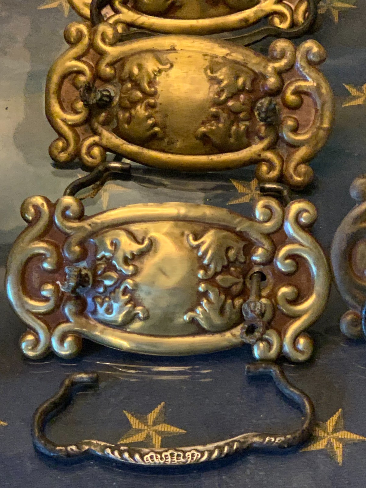c1880-1900 Antique Six stamped Brass Drawer Pulls 3″ Bore