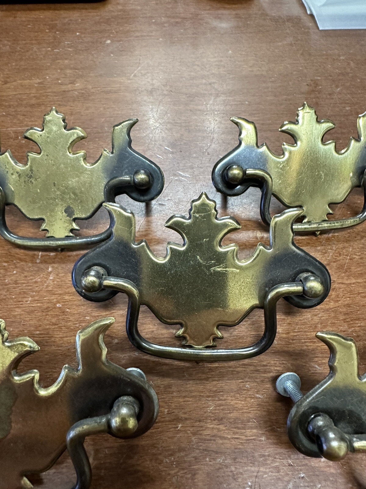 Vtg Chippendale Batwing Brass Toned Pressed Steel Cabinet Pulls 3″ Center Set 5