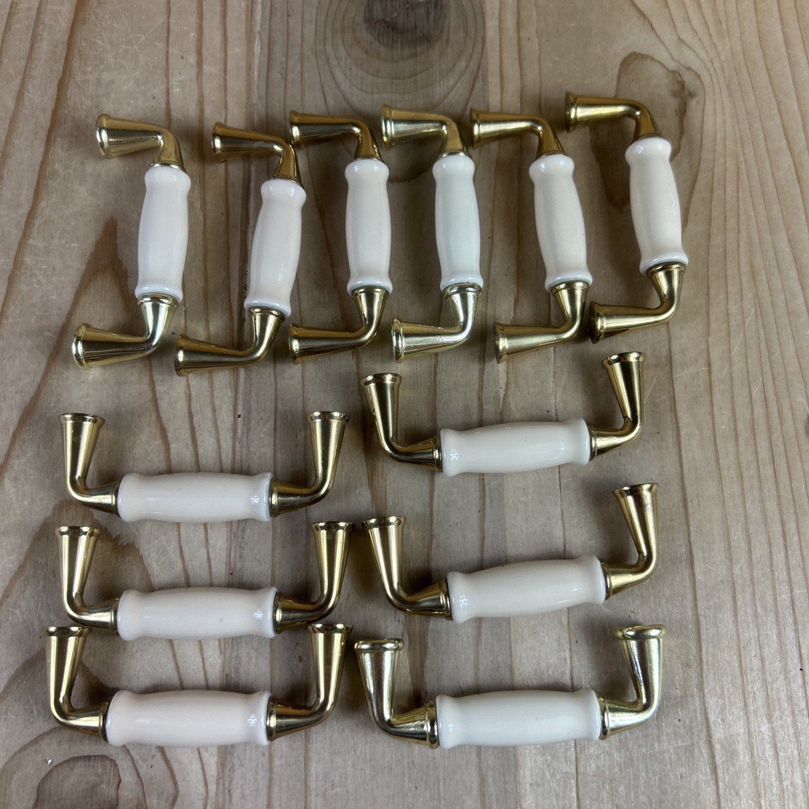 Vintage Drawer Pulls Cabinet Handles Set of 12 Beige Ceramic Center 3.5” Brass