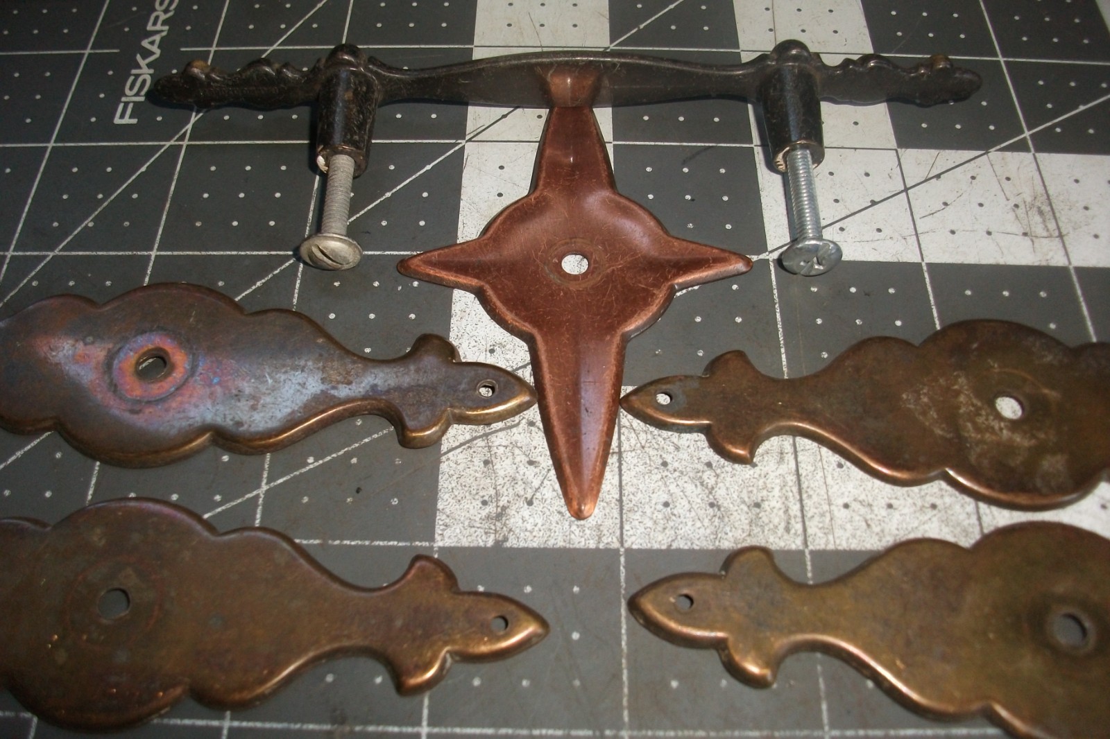 LOT 1920s/30s Vintage Art DecoBrass Handle Drawer Pull 3″ centers+backing plates