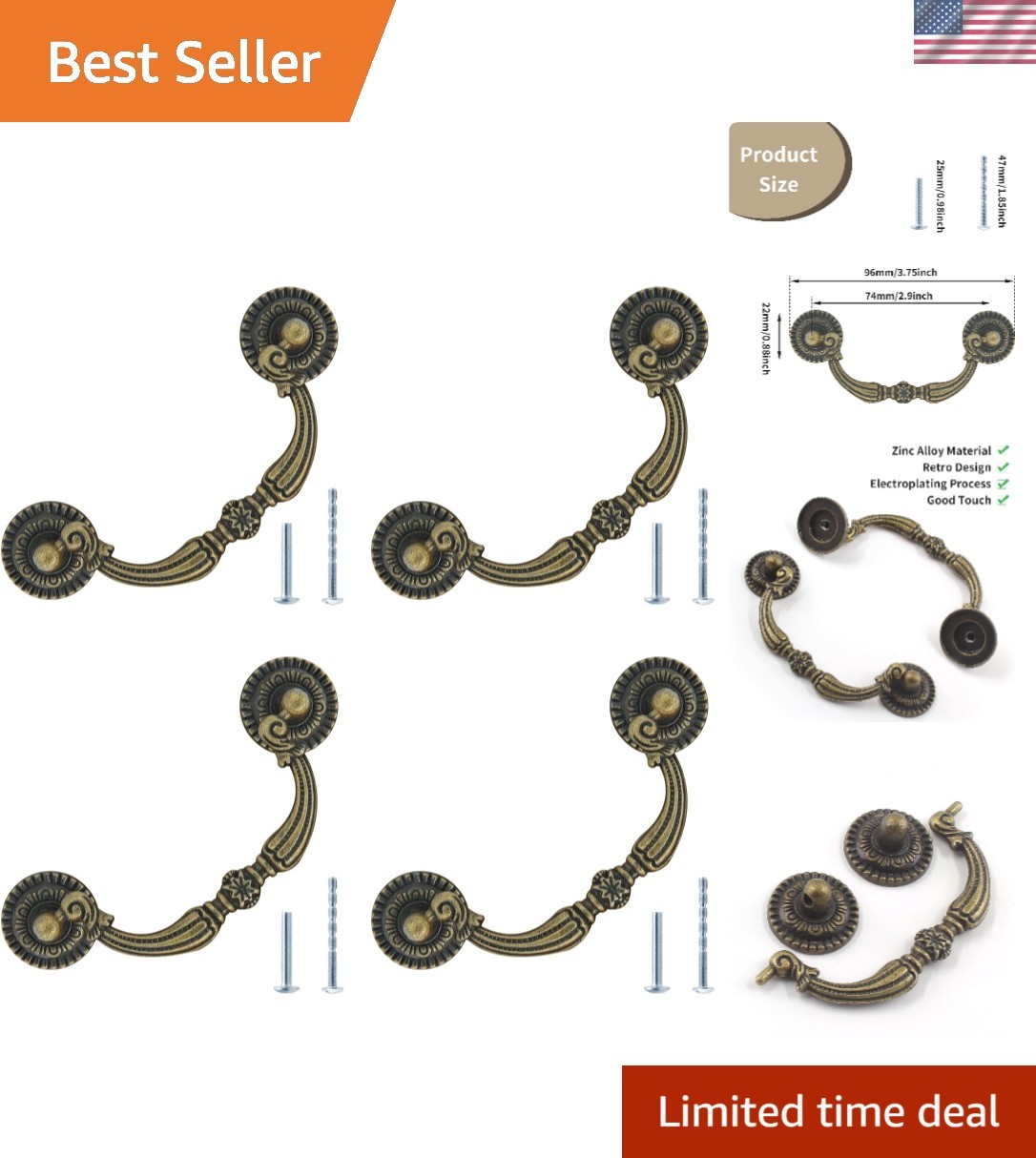 6PCS 3Inch Hole Centers Antique Bronze Drop Drawer Pulls, Bail Cabinet Pulls