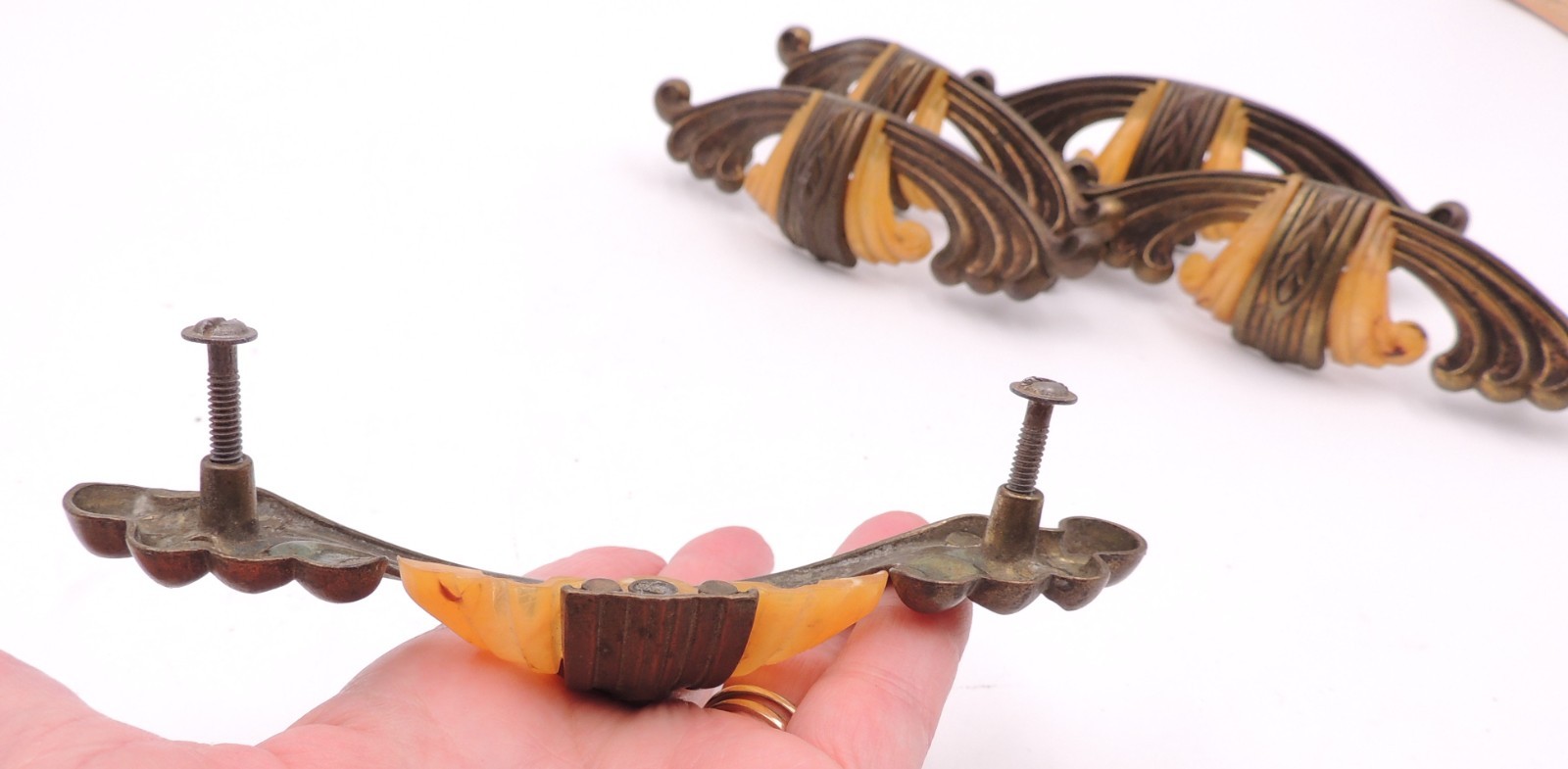 5 Art Deco Drawer Pull w/ Bakelite Vintage Knob Brasstone Waterfall Handle Set