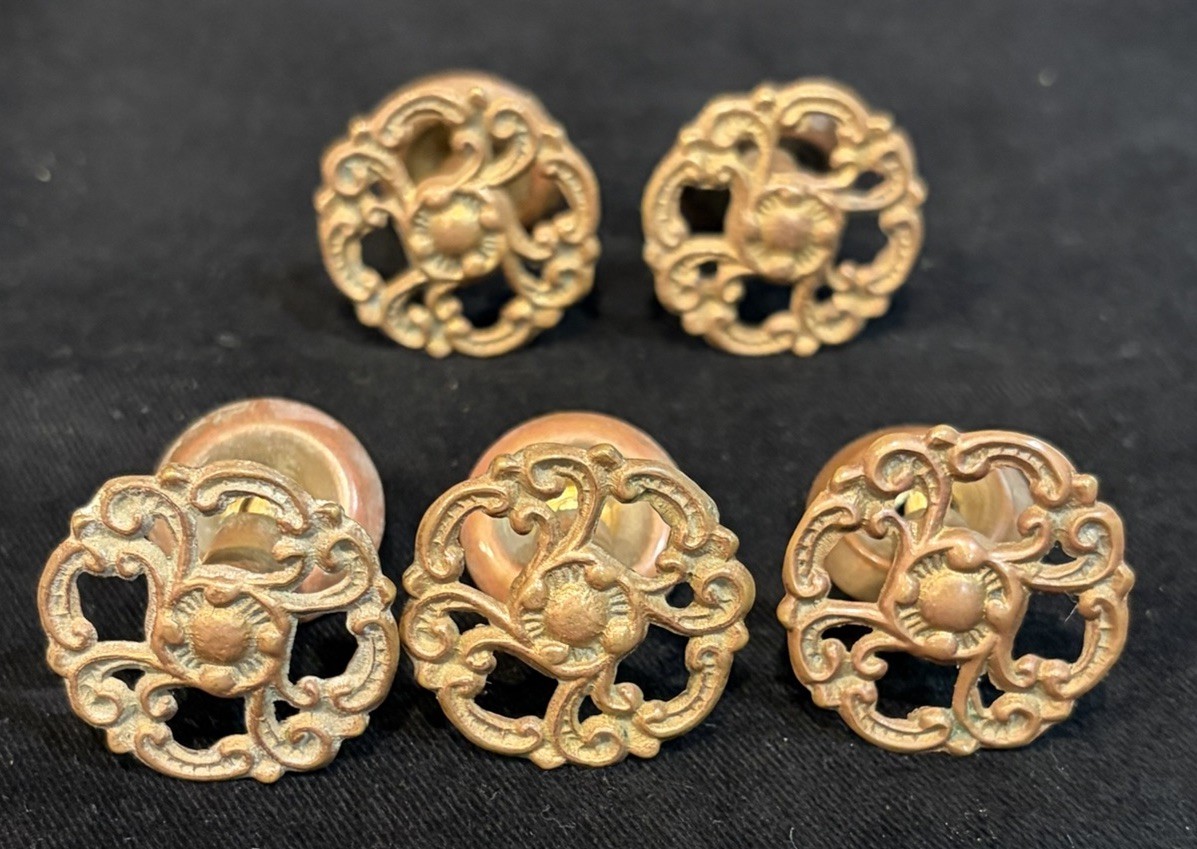 5 Antique Victorian Ornate Brass? Drawer Pulls