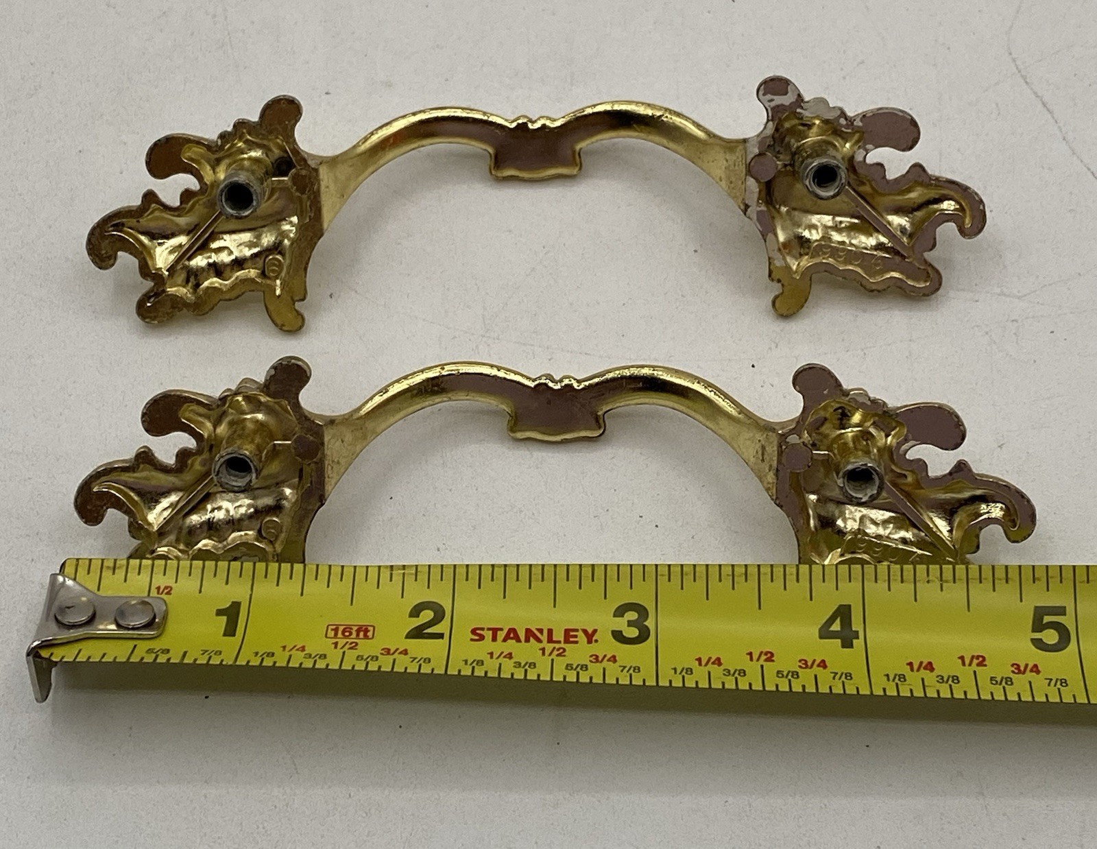 PAIR Vintage MCM Ajax Drawer Pulls Handles Scroll White Gold Ornate Hardware 990