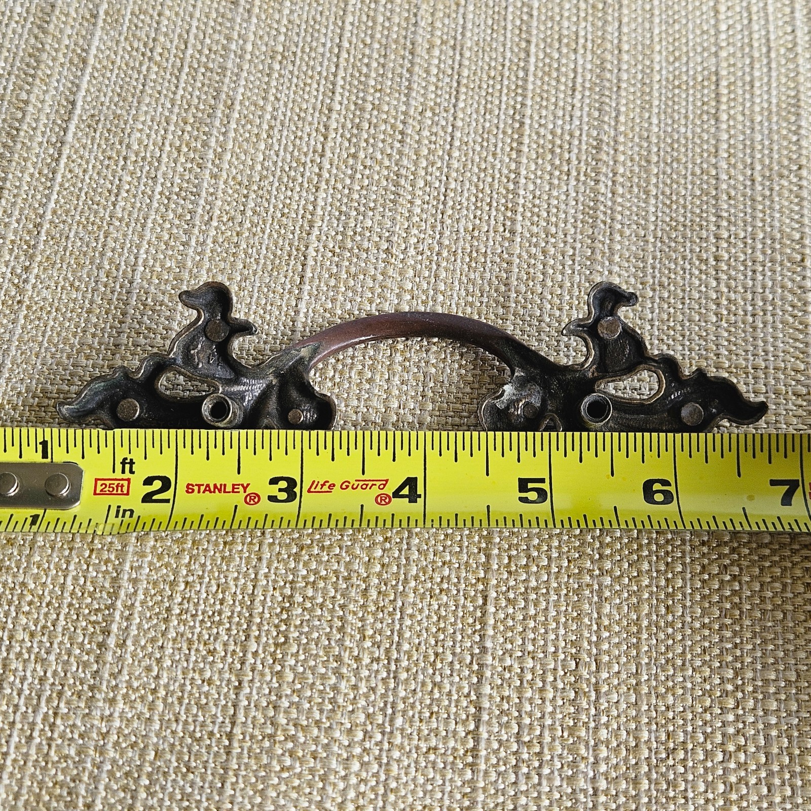 French Provincial Bail Drop Drawer Pulls Pair Antique Brass Patina Ornate M1676