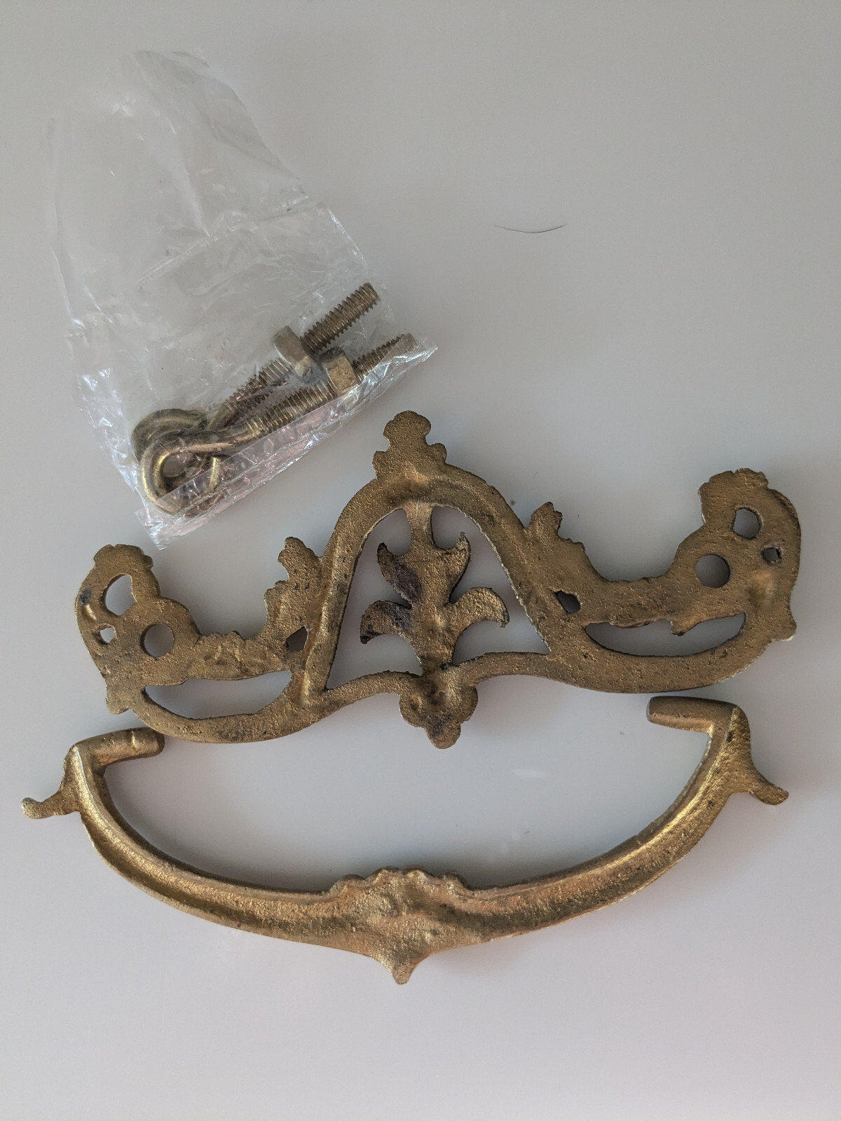 Drop Bail Drawer Pull Solid Brass w/hardware Ornate NOS 3″ center 4.5″wide 1.75T