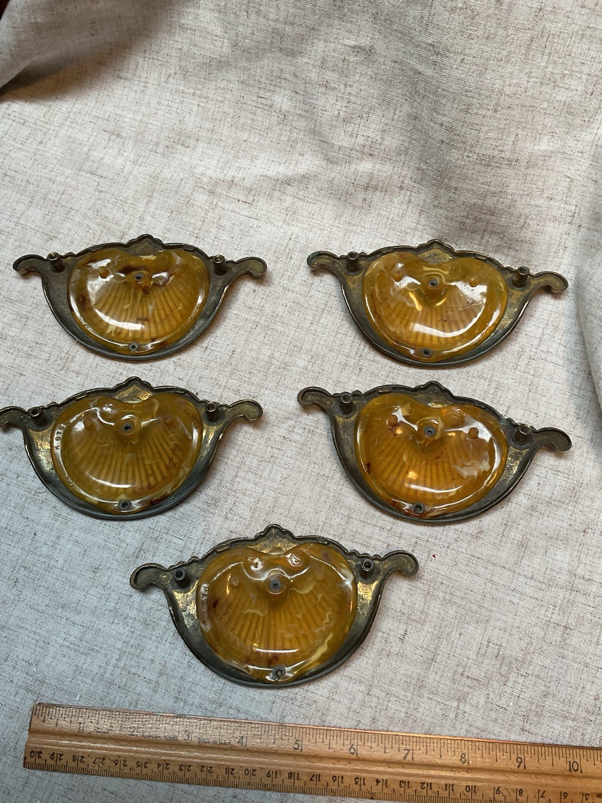 Vintage Keeler Bakelite Brass Waterfall Shell Handle Dresser Pulls (5) 1930s