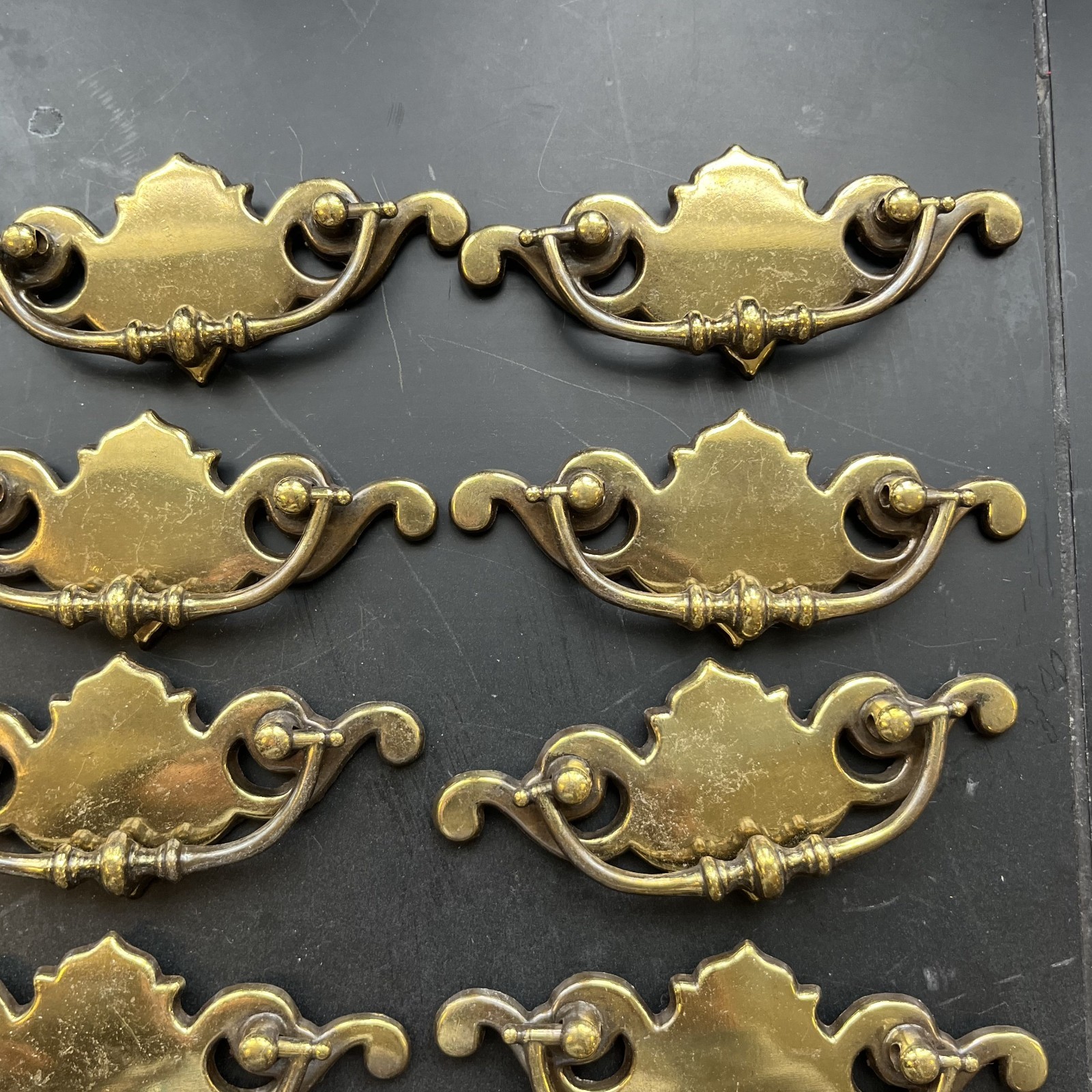 Lot of 12 Chippendale Batwing Brass Drawer Pulls with Handles Attached Salvaged