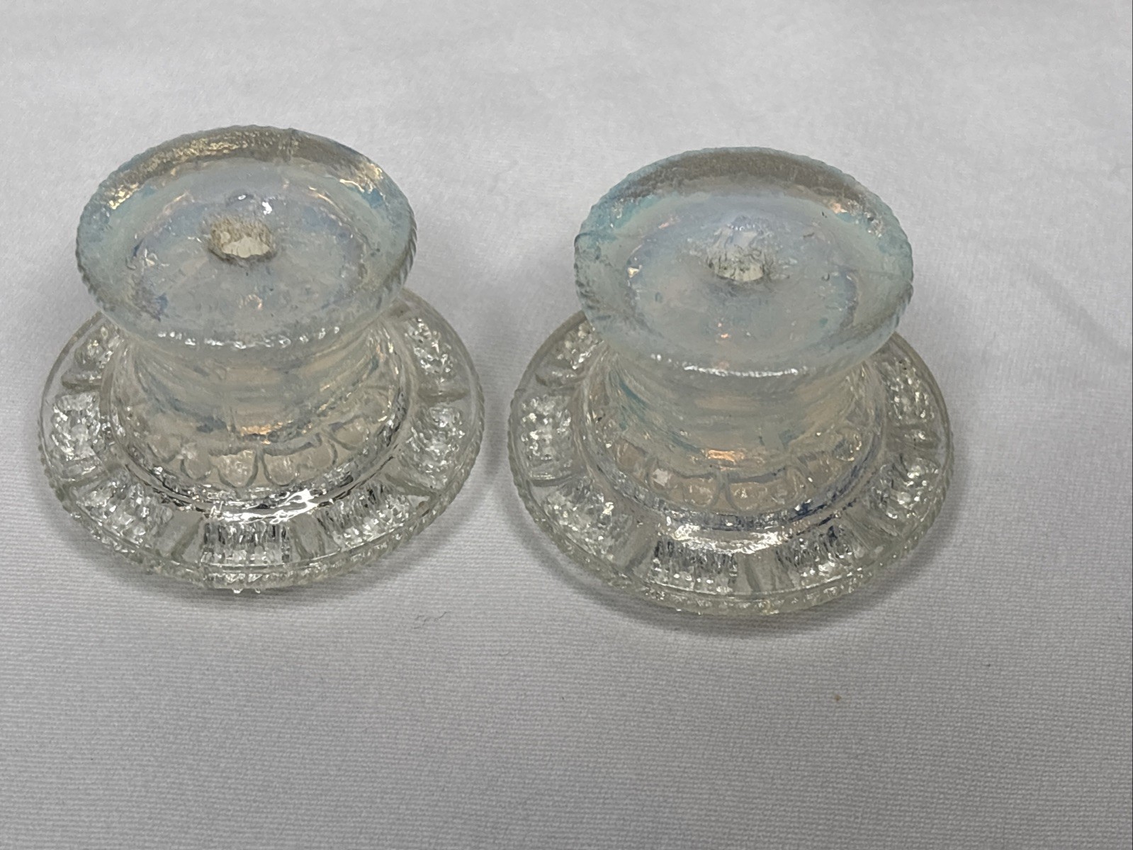 2 Antique Boston Sandwich Glass Floral Clam Broth Drawer Pulls 2” Iridescent