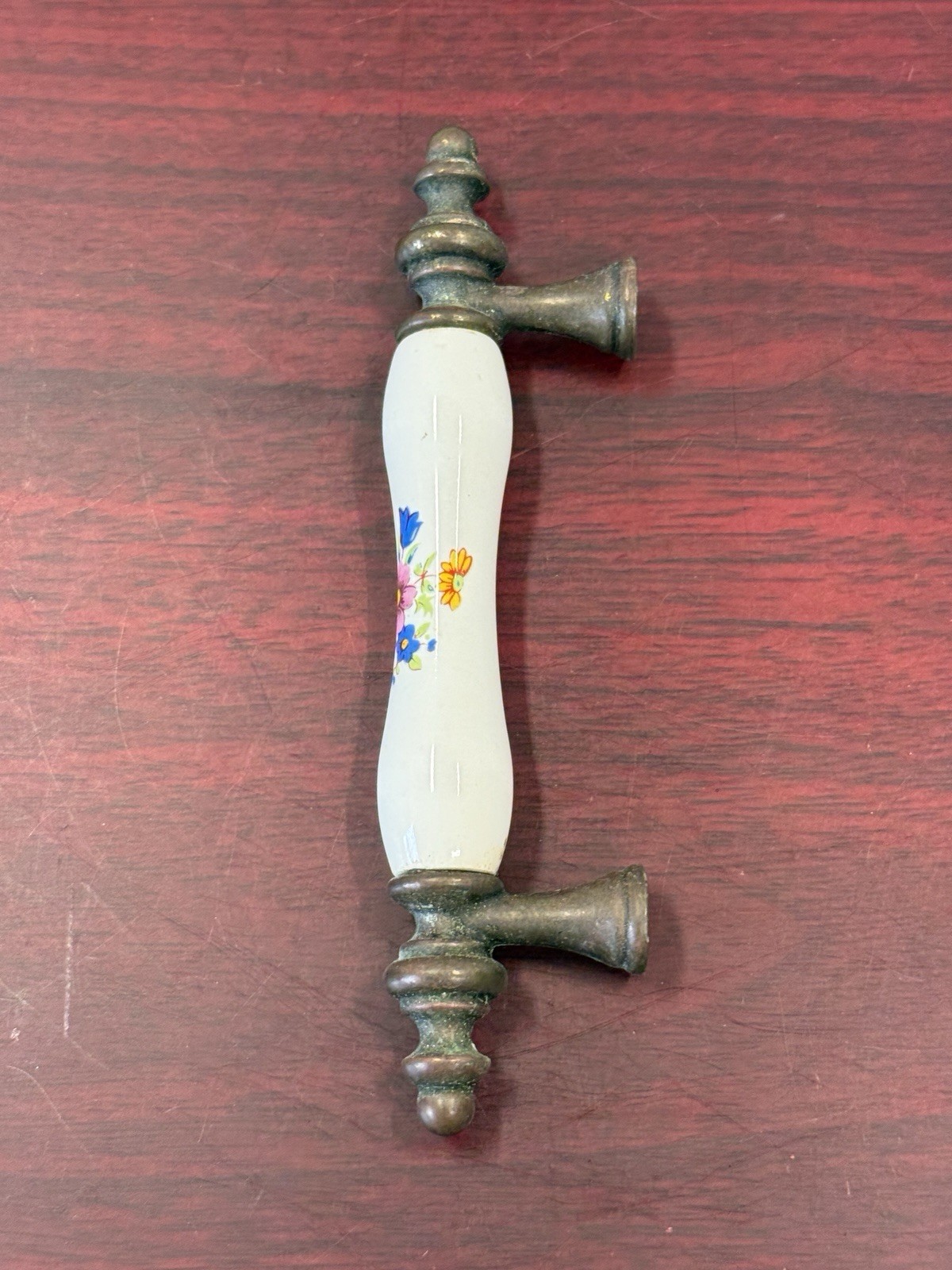 Drawer Pull Handle 1960s Floral on Beige Porcelain w Brass Ends 3″ Centers 2ea