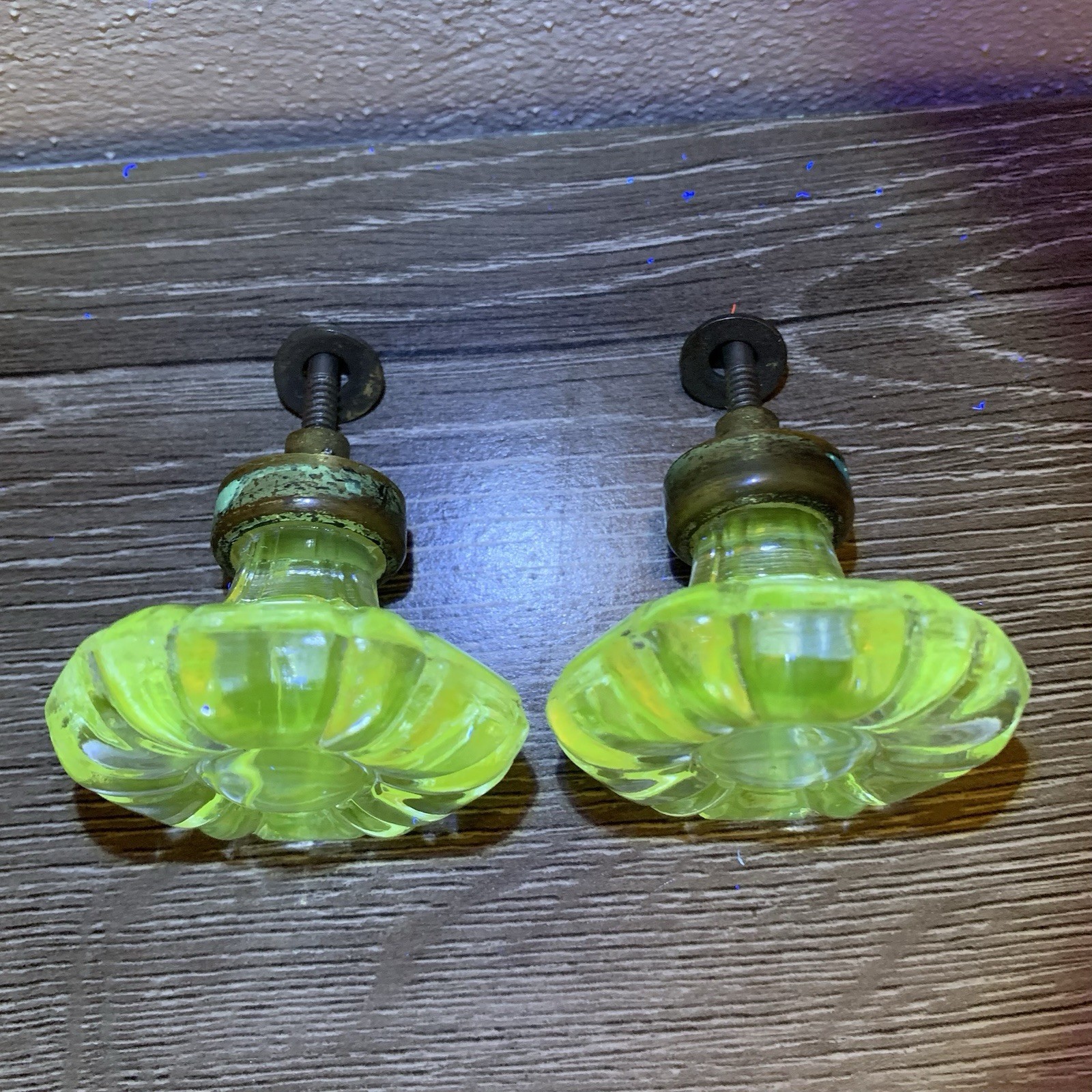 Antique Manganese Drawer Knobs Pair, UV Reactive Glass Knobs/Drawer Pulls