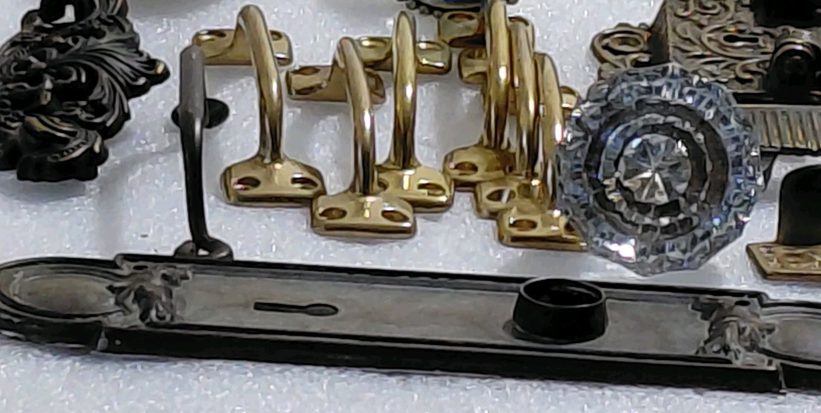 Old Country Shed Junk Drawer Lot Of Vtg Draw Pulls,Hinges,Enamelled Thermometer