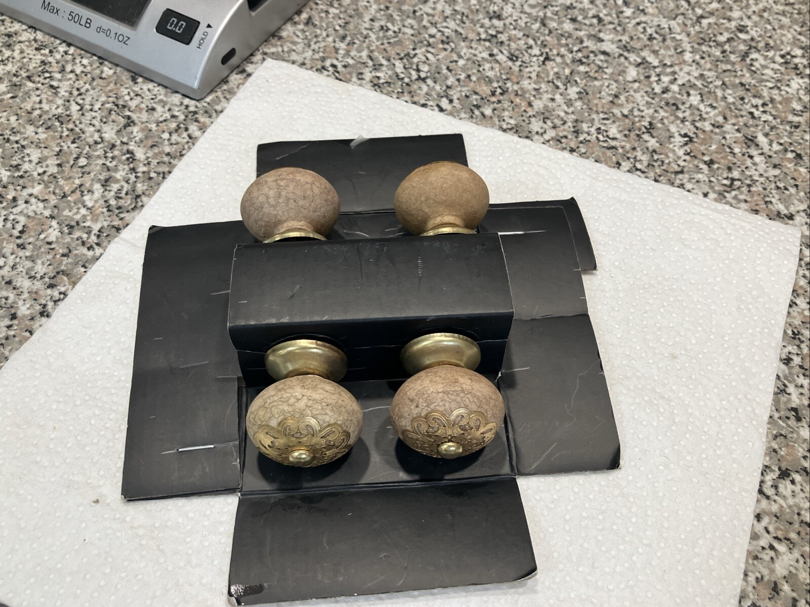 Set of 4 Vintage Fake Cork Porcelain Drawer Knobs With Floral Design brass