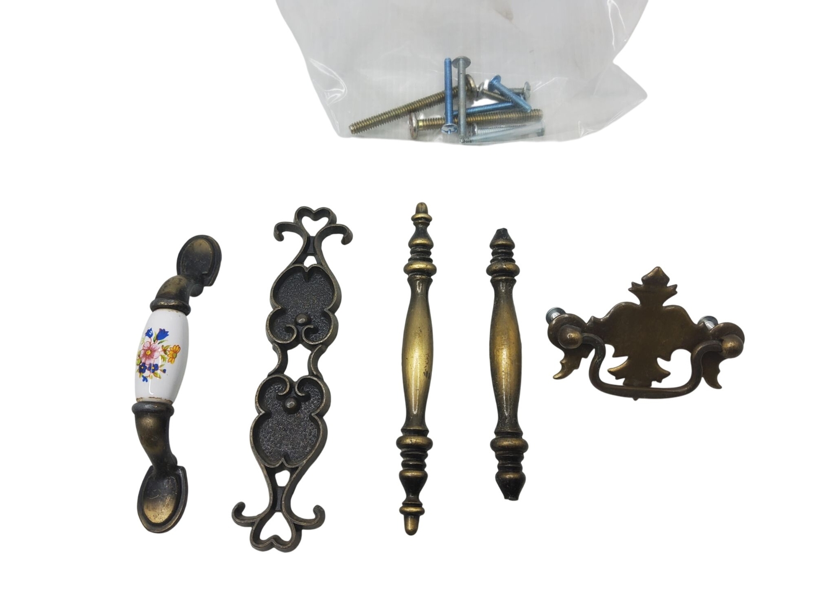 Vintage Brass & Ceramic Drawer Pulls Set With Floral Design & Mounting Screws
