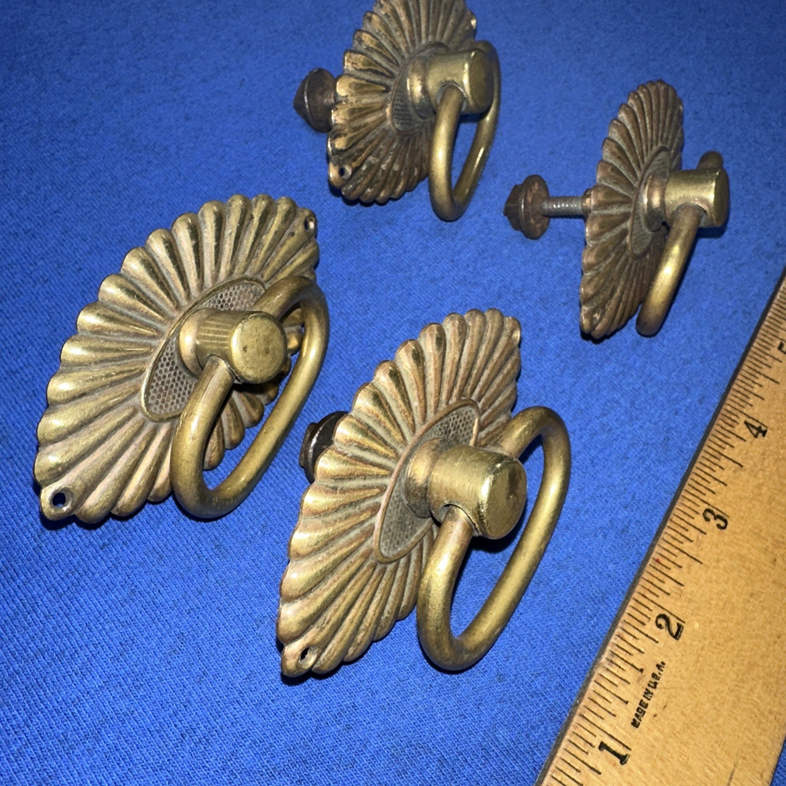 Vintage Brass Drawer Pulls, cabinet Handles lot of 4. Seashell Look Elegant