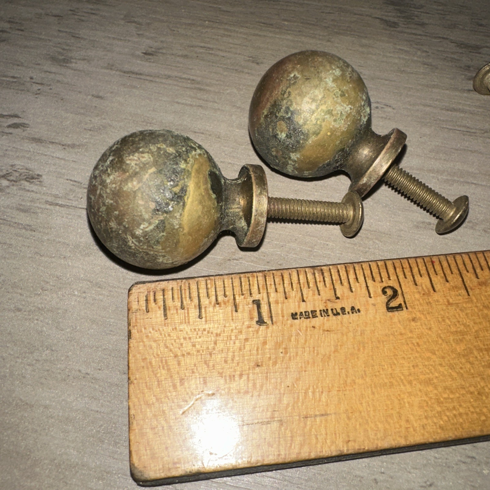 4 Solid Brass Drawer Pulls Round Cannon Ball Style Nice Patina! #3