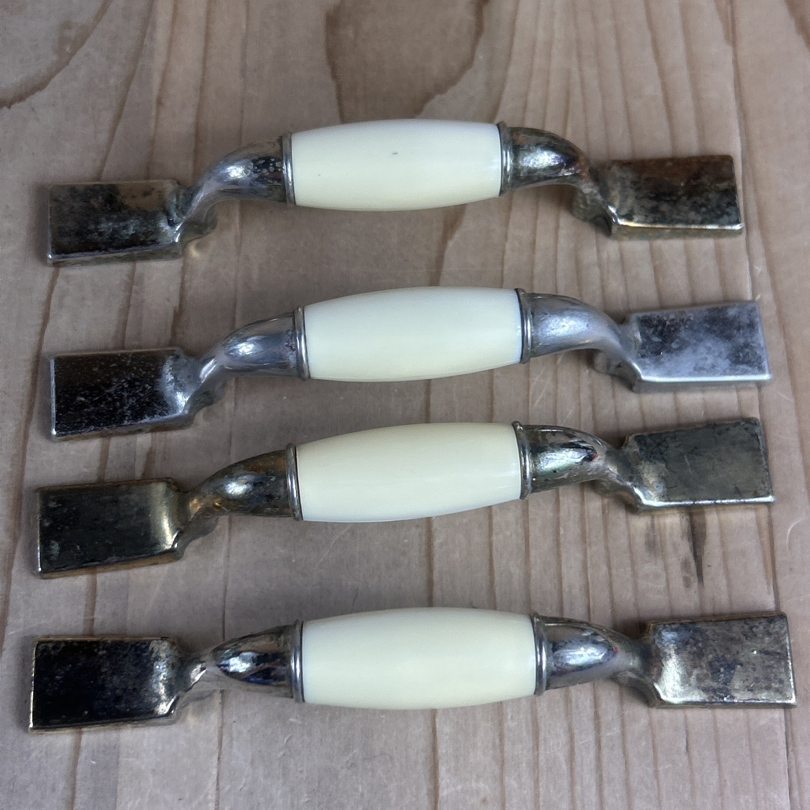 Vintage Drawer Pulls Cabinet Handles Set of 12 Beige Ceramic Center 5.5” Brass