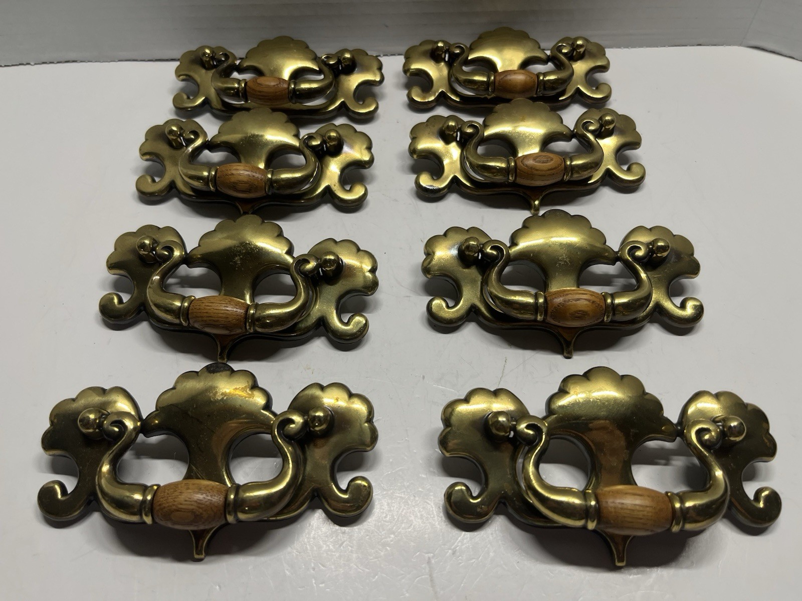 Vintage Lot (8) NOS KBC#19123 Brass Plated & Wood Batwing Drop Bail Pulls