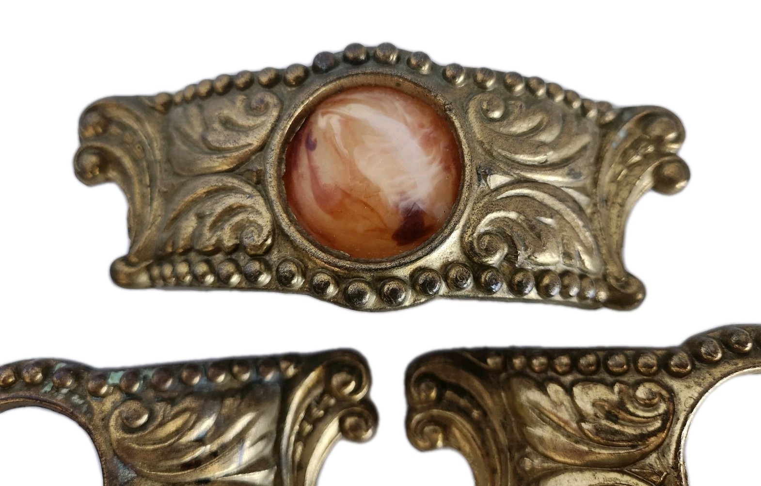 Vintage Brass Drawer Pulls Ornate Bakelite Insert Lot of 5 Hardware Restoration