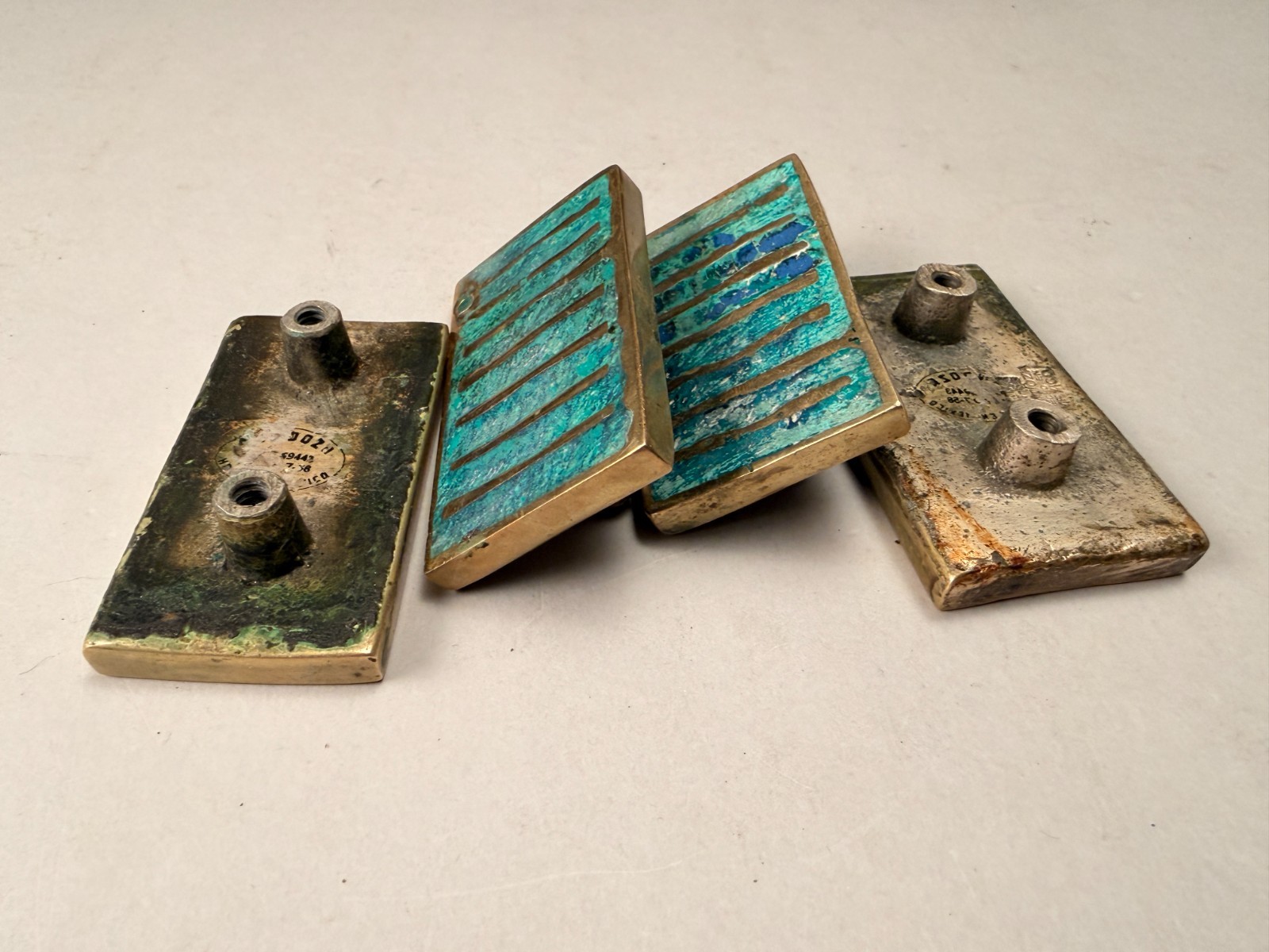 VINTAGE PEPE MENDOZA MID CENTURY MODERN 1958 4 DRAWER PULLS -MALACHITE AND BRASS