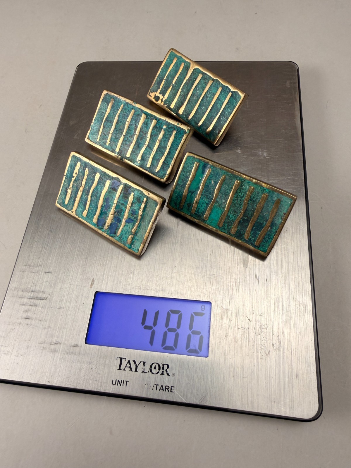 VINTAGE PEPE MENDOZA MID CENTURY MODERN 1958 4 DRAWER PULLS -MALACHITE AND BRASS