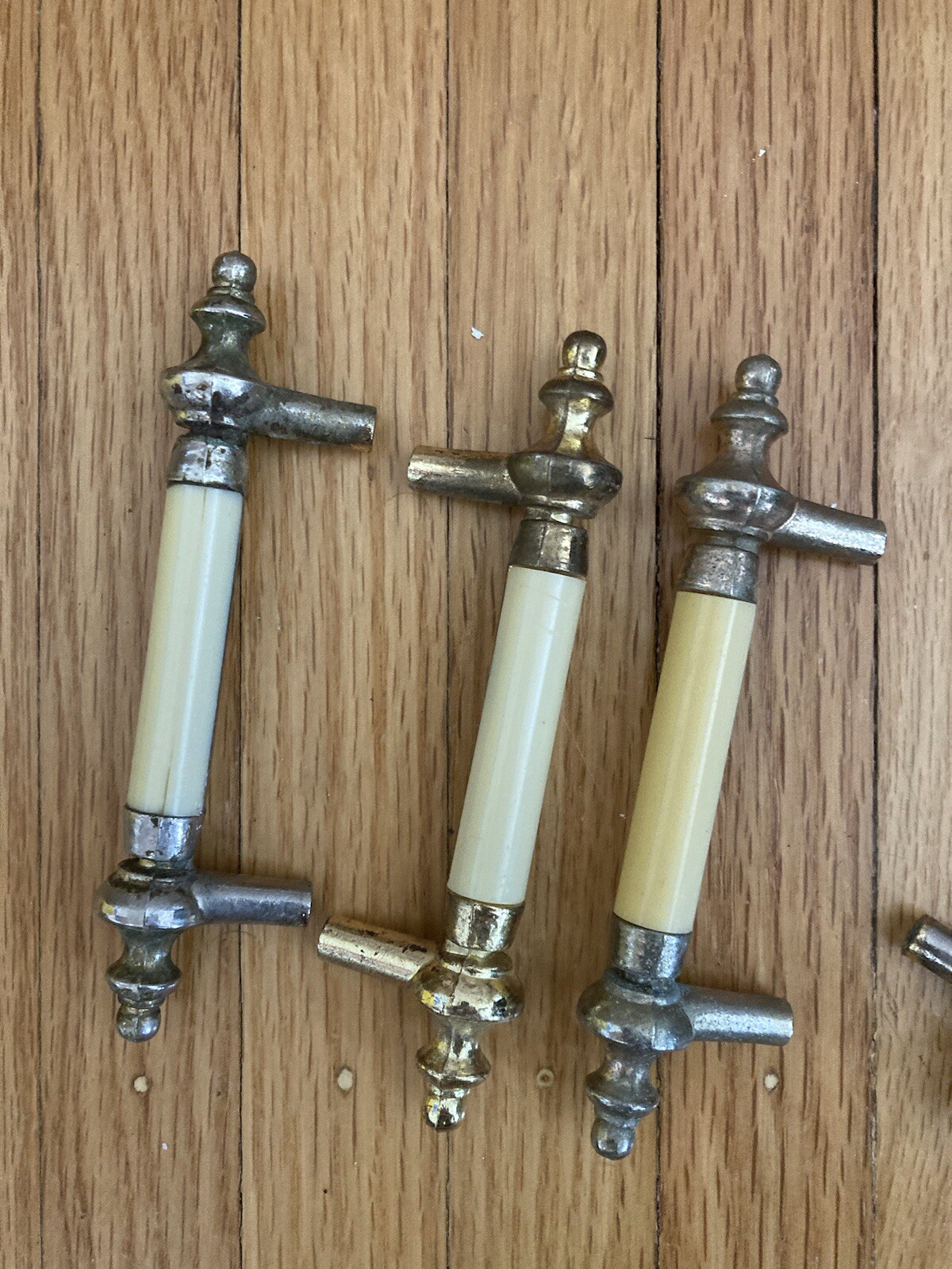 6 Matching Vintage ivory Bakelite & Solid Brass Drawer Handles ~ Pulls