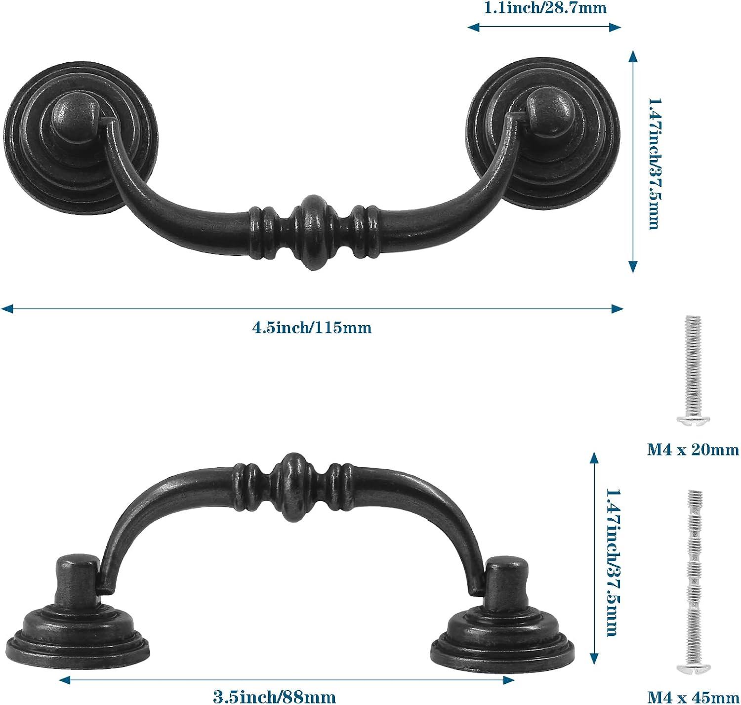 Antique Drop Bail Pulls, 3.5″ Hole Center, Vintage Black | 6PCS