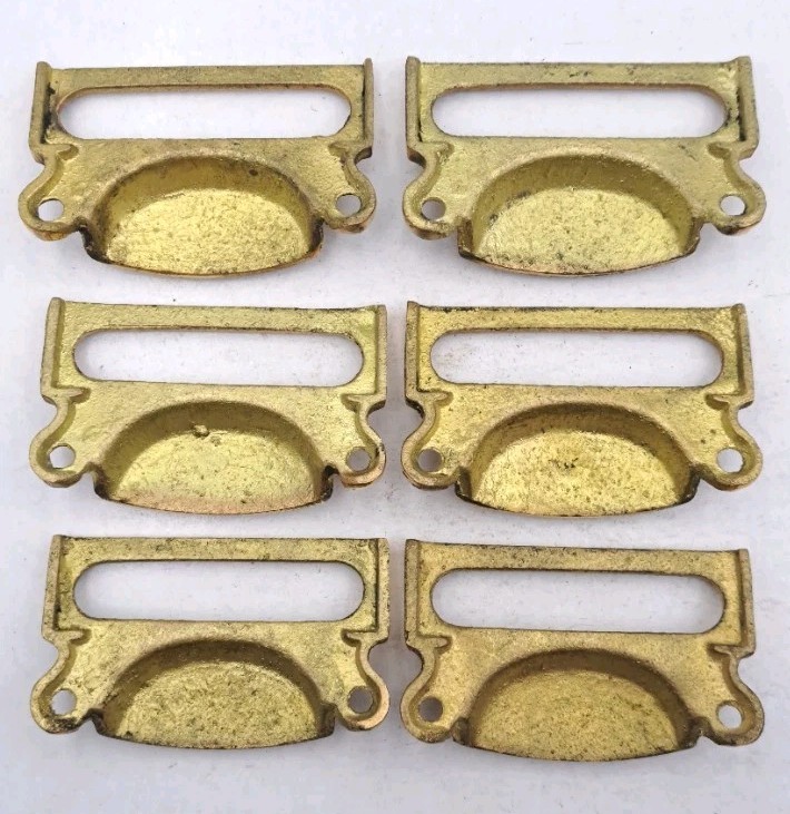 Card Label Bin Pulls Drawer Pull Handle Cast Brass Antique Reproduction Set of 6