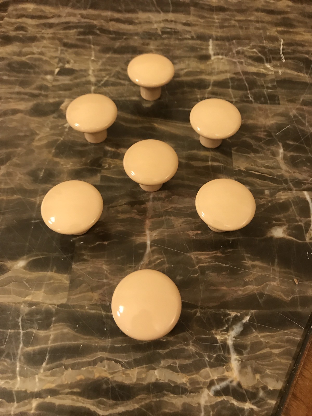 7 Knobs CERAMIC Round Tan Beige Pedestal Mushroom Shape Cabinet Drawer Vintage