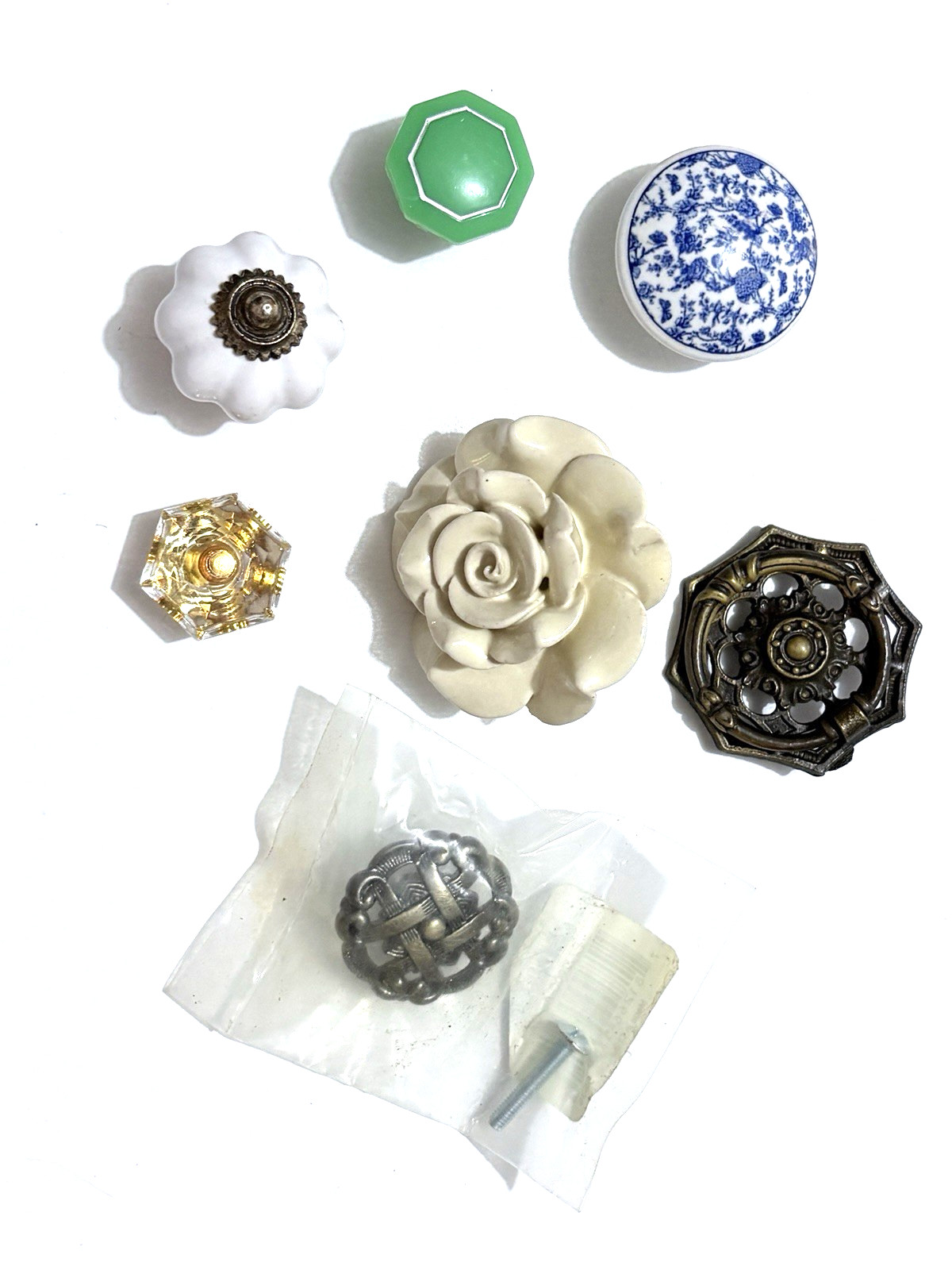 Vintage Drawer Cabinet Pull Knobs Lot Of 7 Ceramic Brass Wood Lucite