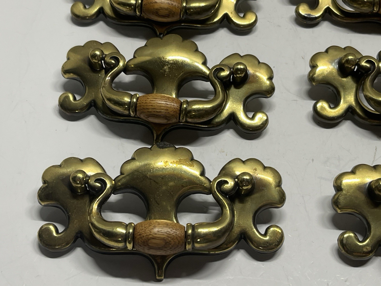 Vintage Lot (8) NOS KBC#19123 Brass Plated & Wood Batwing Drop Bail Pulls