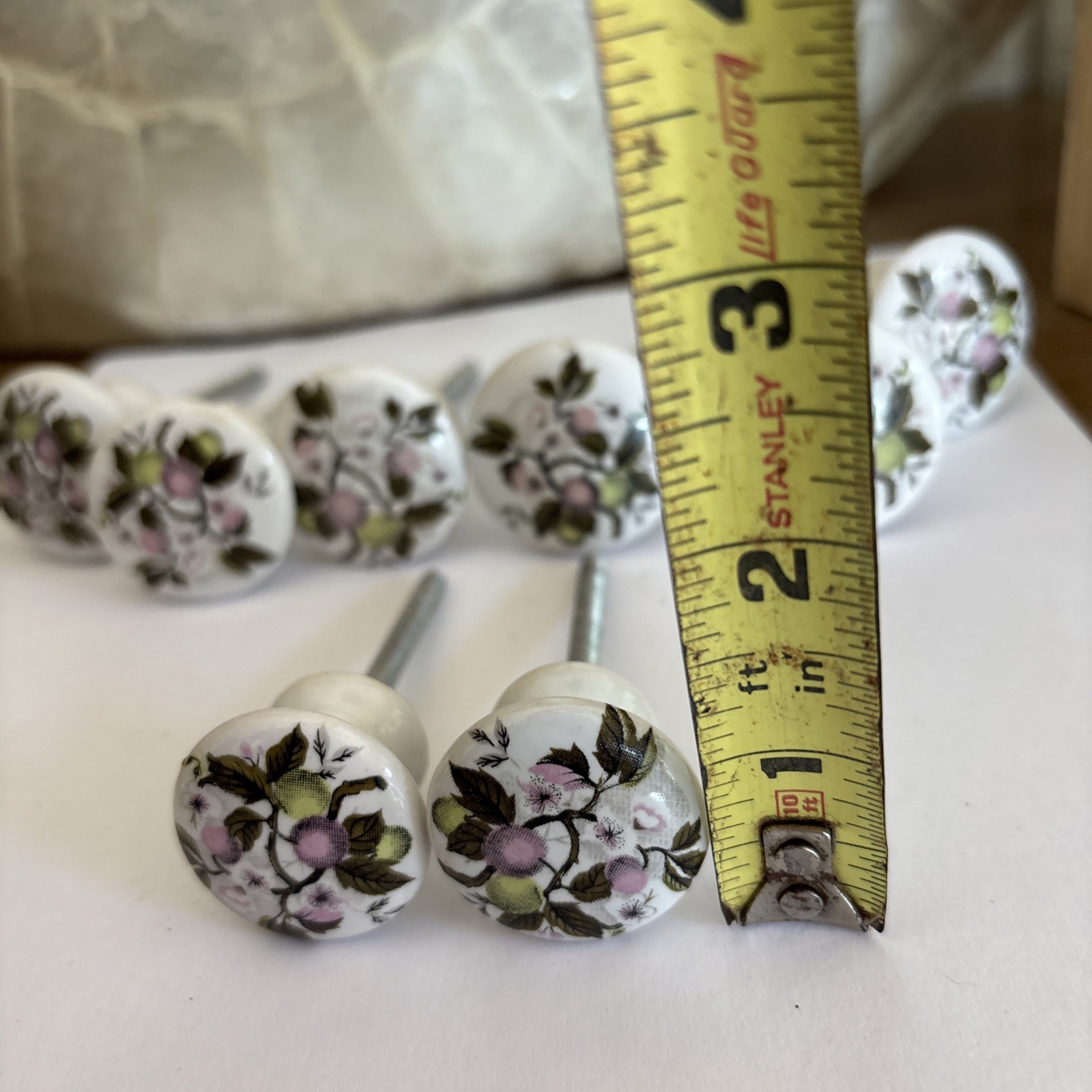 Vtg Porcelain Pulls/Knobs, White Painted Cherry Blossom Floral Design~Lot of 8