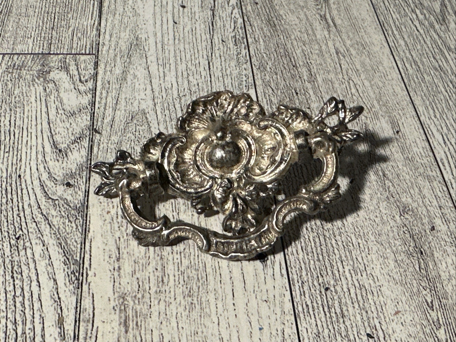 Vintage Ornate Solid Brass Antiqued Silver Drop Bail Drawer Pull Victorian Style