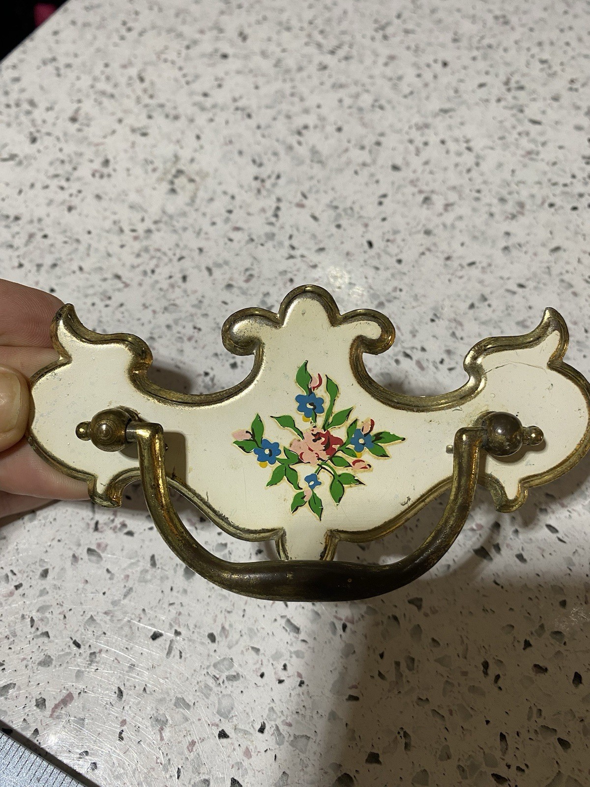Vintage Chippendale Queen Anne Furniture Bail Pulls Painted Floral Design 2